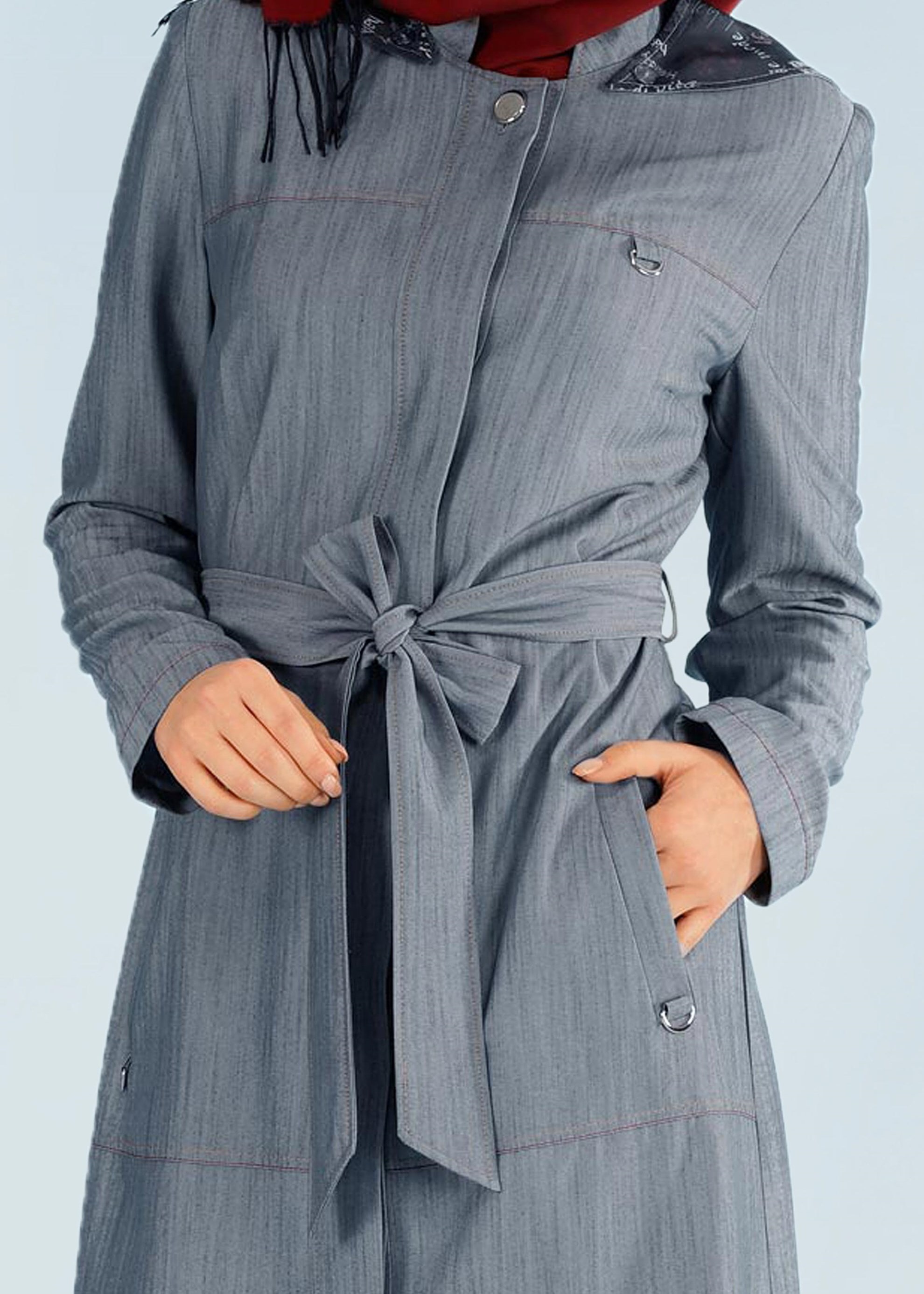 Tesettür giyim LACİVERT KUŞAKLI FERMUARLI TRENÇKOT 1038 