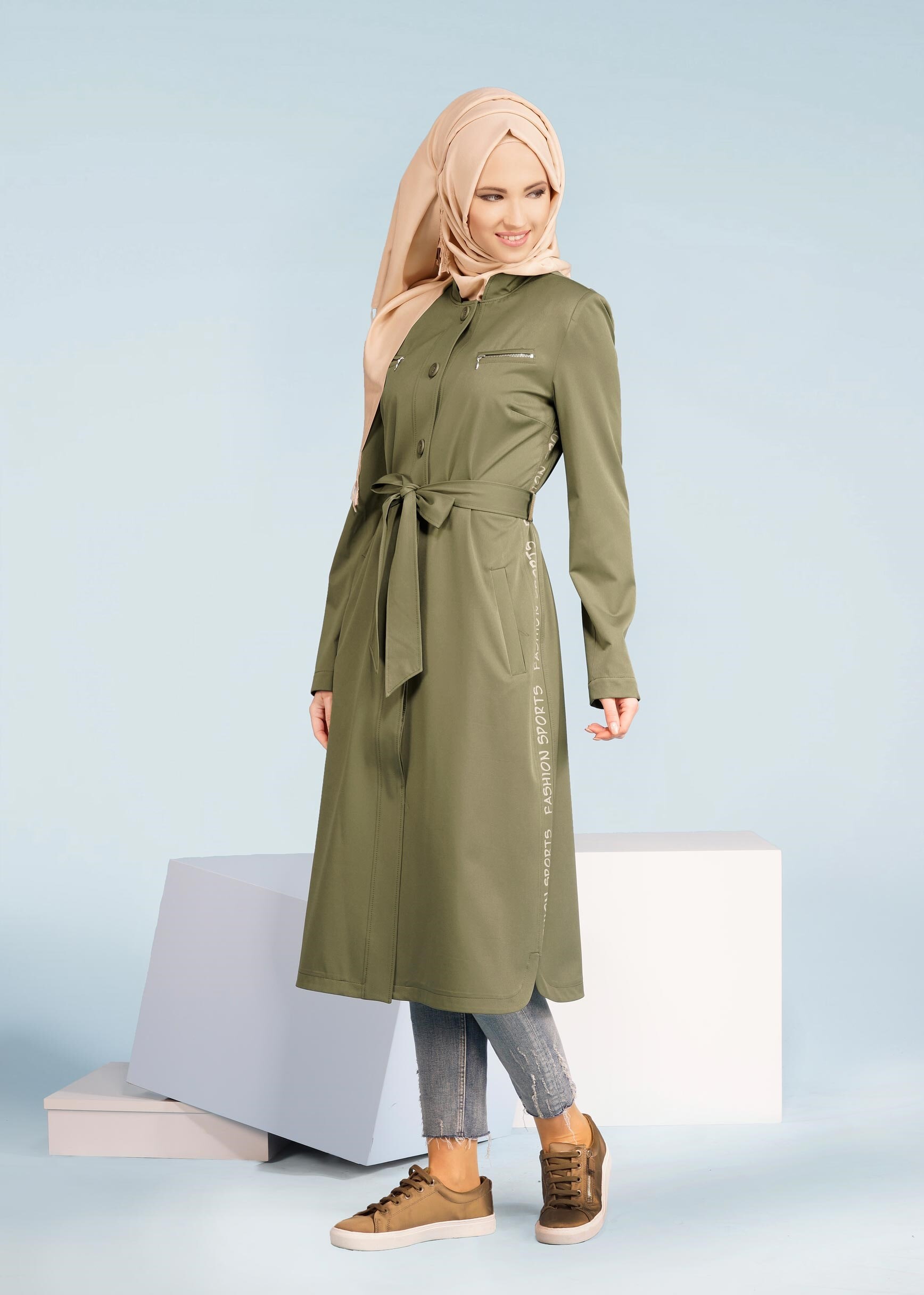 Tesettür giyim HAKİ KUŞAKLI ÖNÜ CEPLİ TRENÇKOT 1042