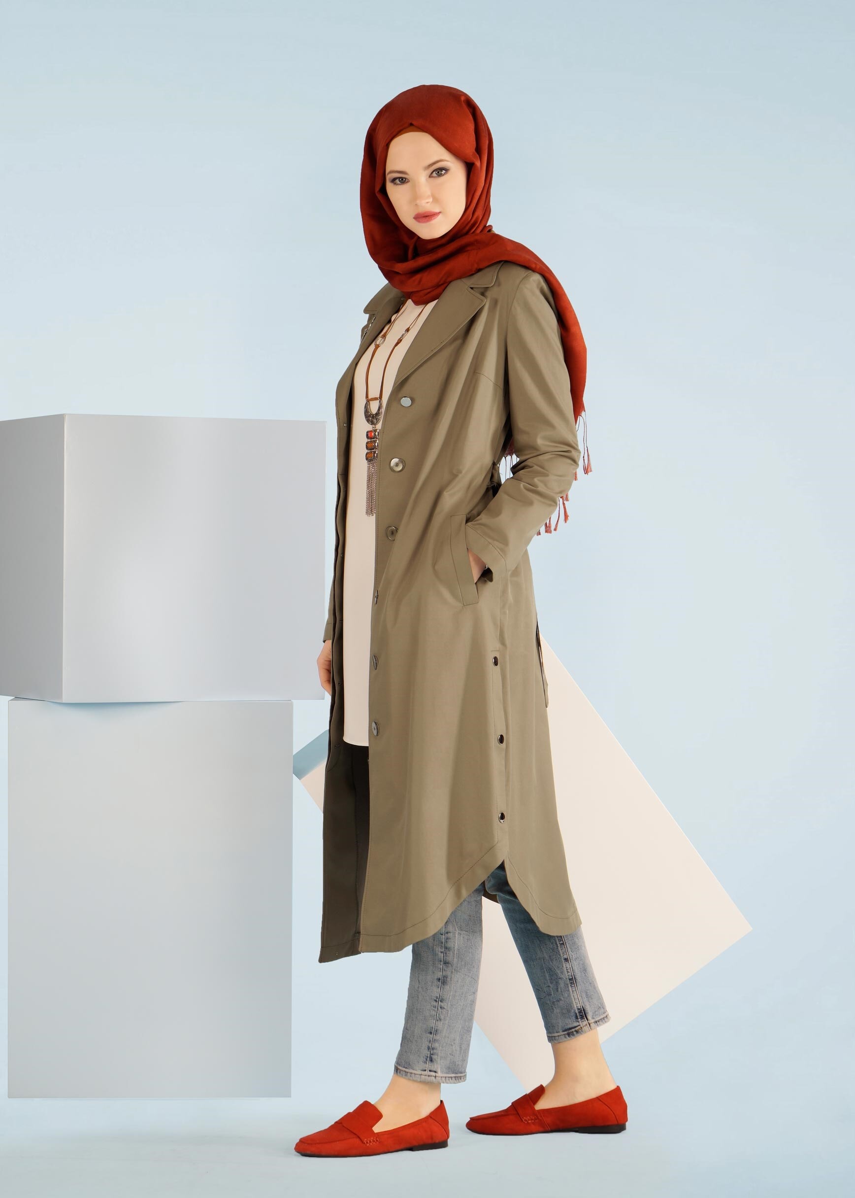 Tesettür giyim HAKİ 1043 BURBERY TRENCH 38/46 TEK36