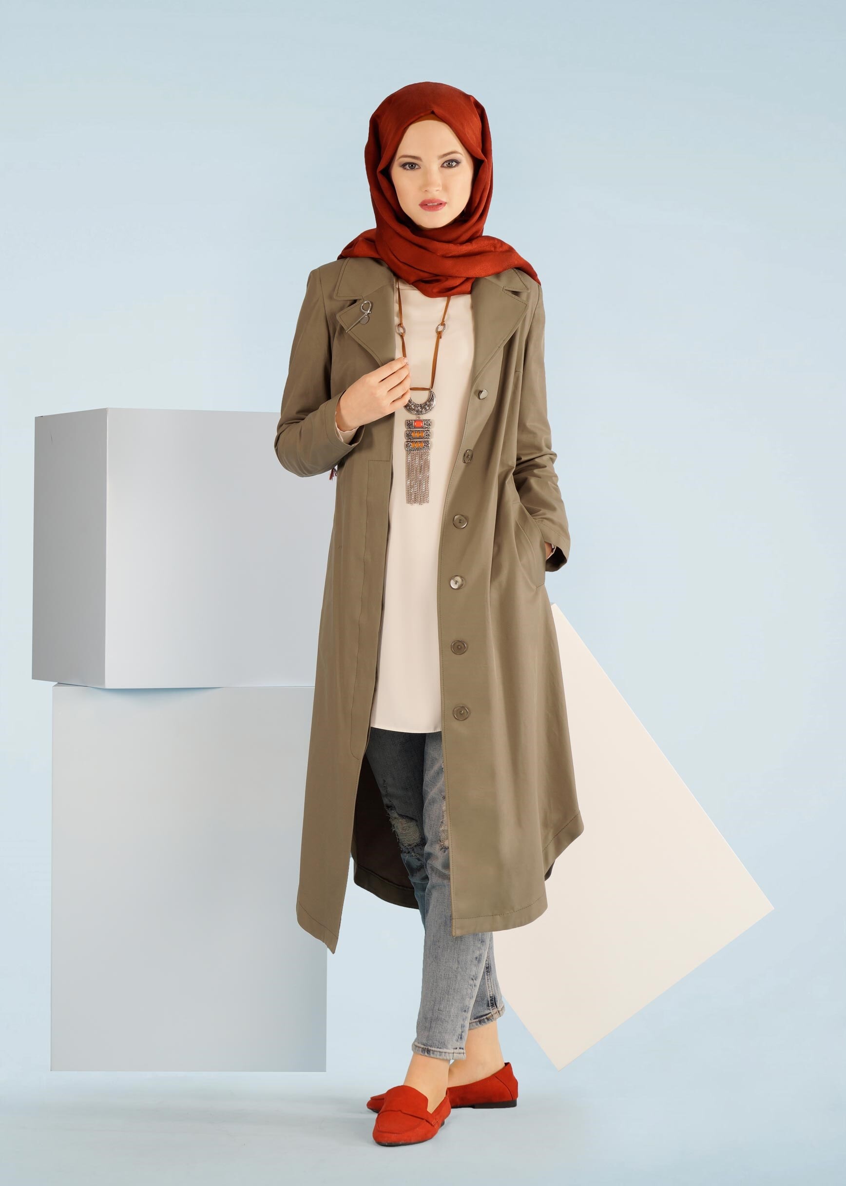 Tesettür giyim HAKİ 1043 BURBERY TRENCH 38/46 TEK36