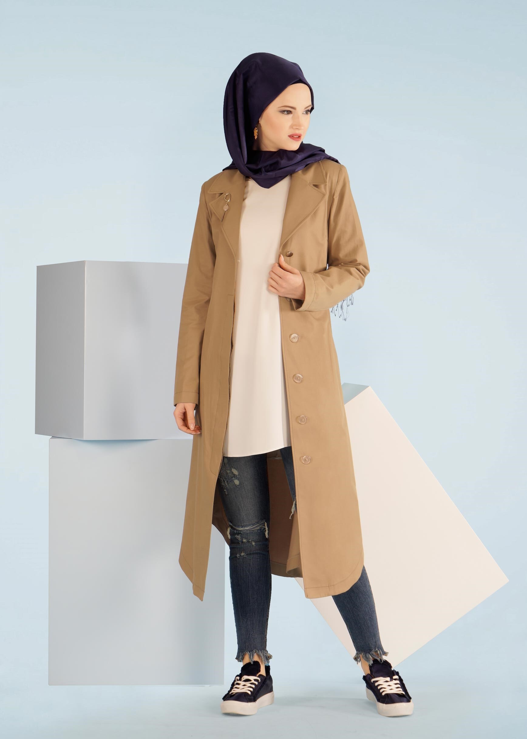 Tesettür giyim KAHVE 1043 BURBERY TRENCH 38/46 TEK36