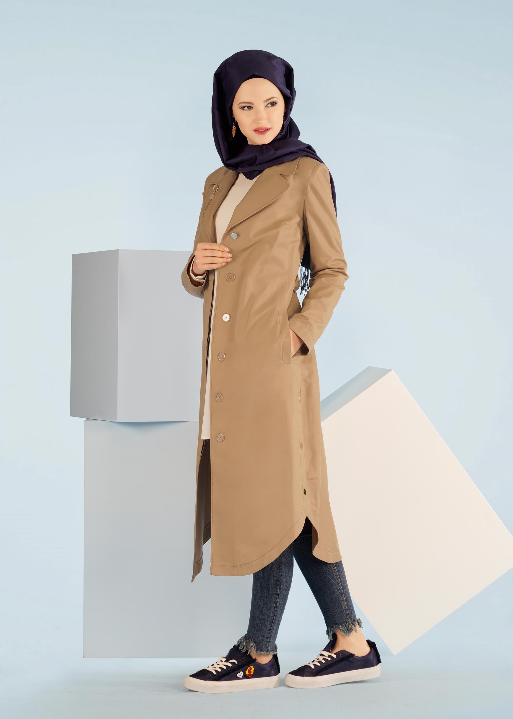 Tesettür giyim KAHVE 1043 BURBERY TRENCH 38/46 TEK36