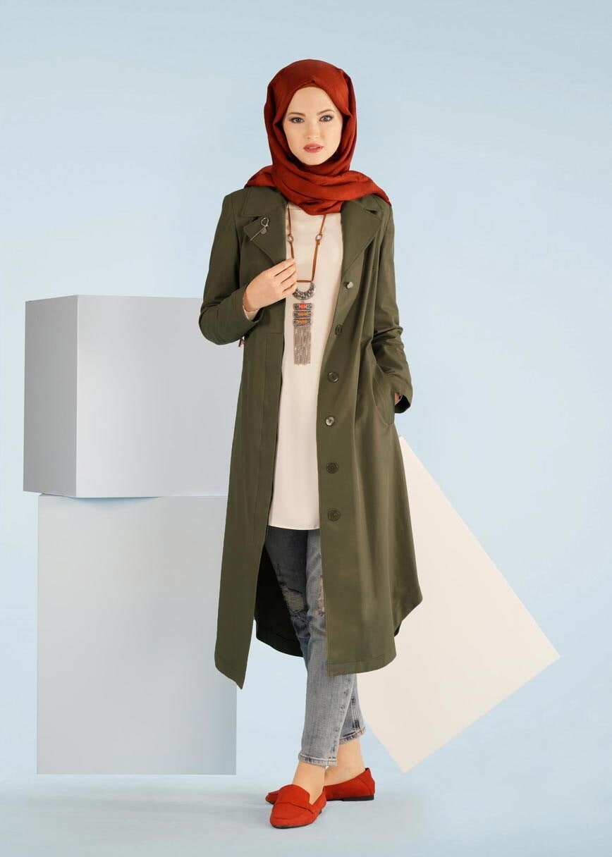 Tesettür giyim HAKİ 1043 BURBERY TRENCH 38/46 TEK36