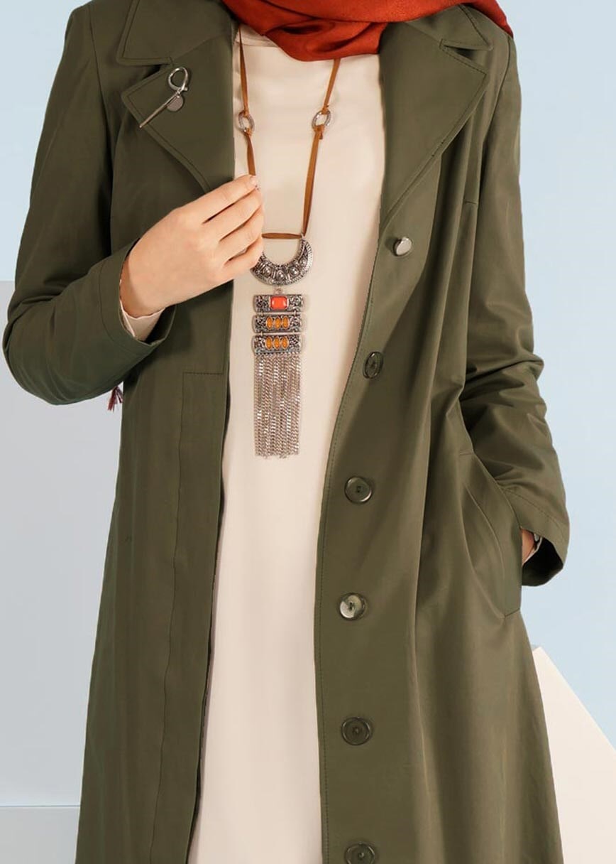 Tesettür giyim HAKİ 1043 BURBERY TRENCH 38/46 TEK36