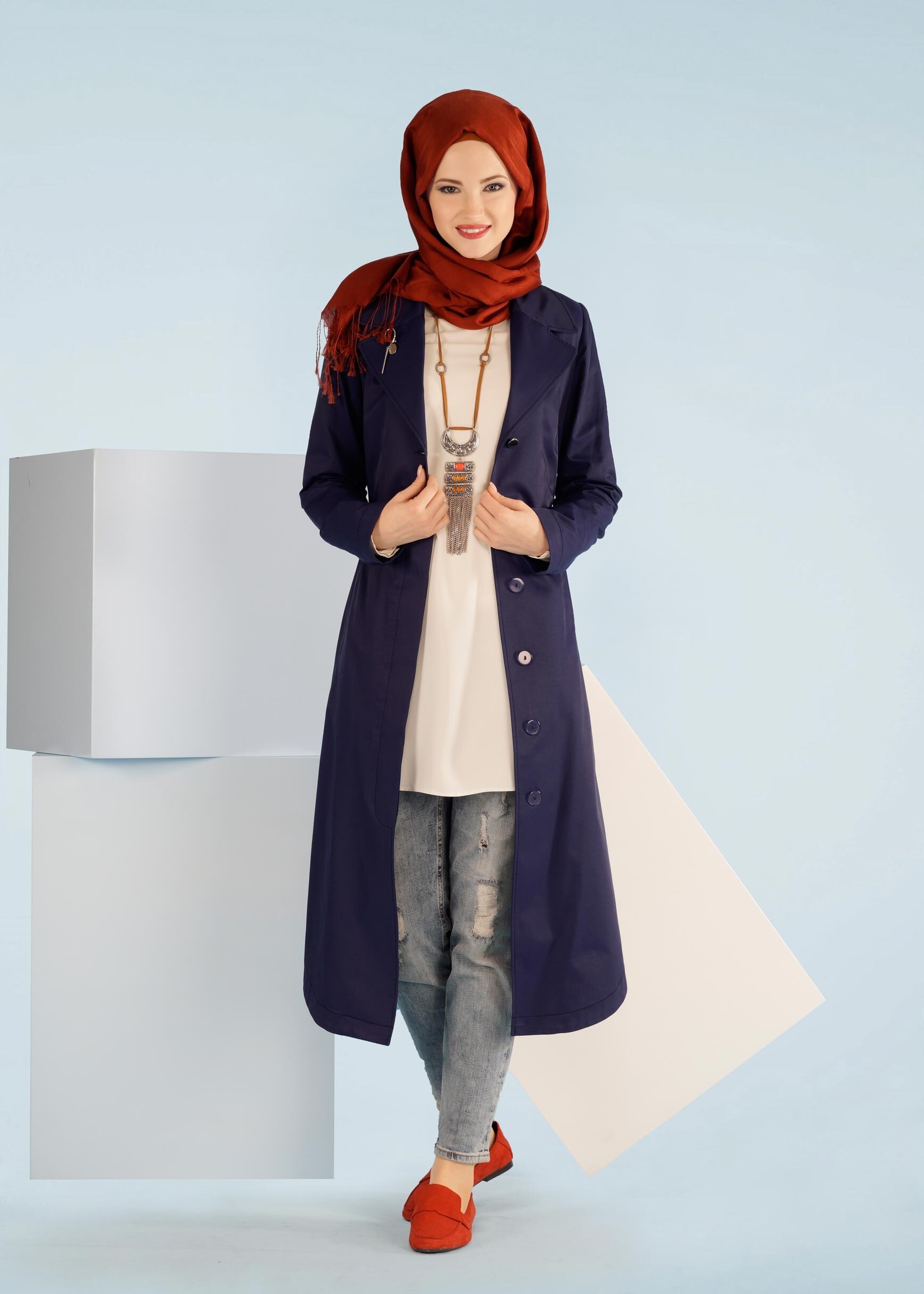 Tesettür giyim LACİVERT 1043 BURBERY TRENCH 38/46 TEK36