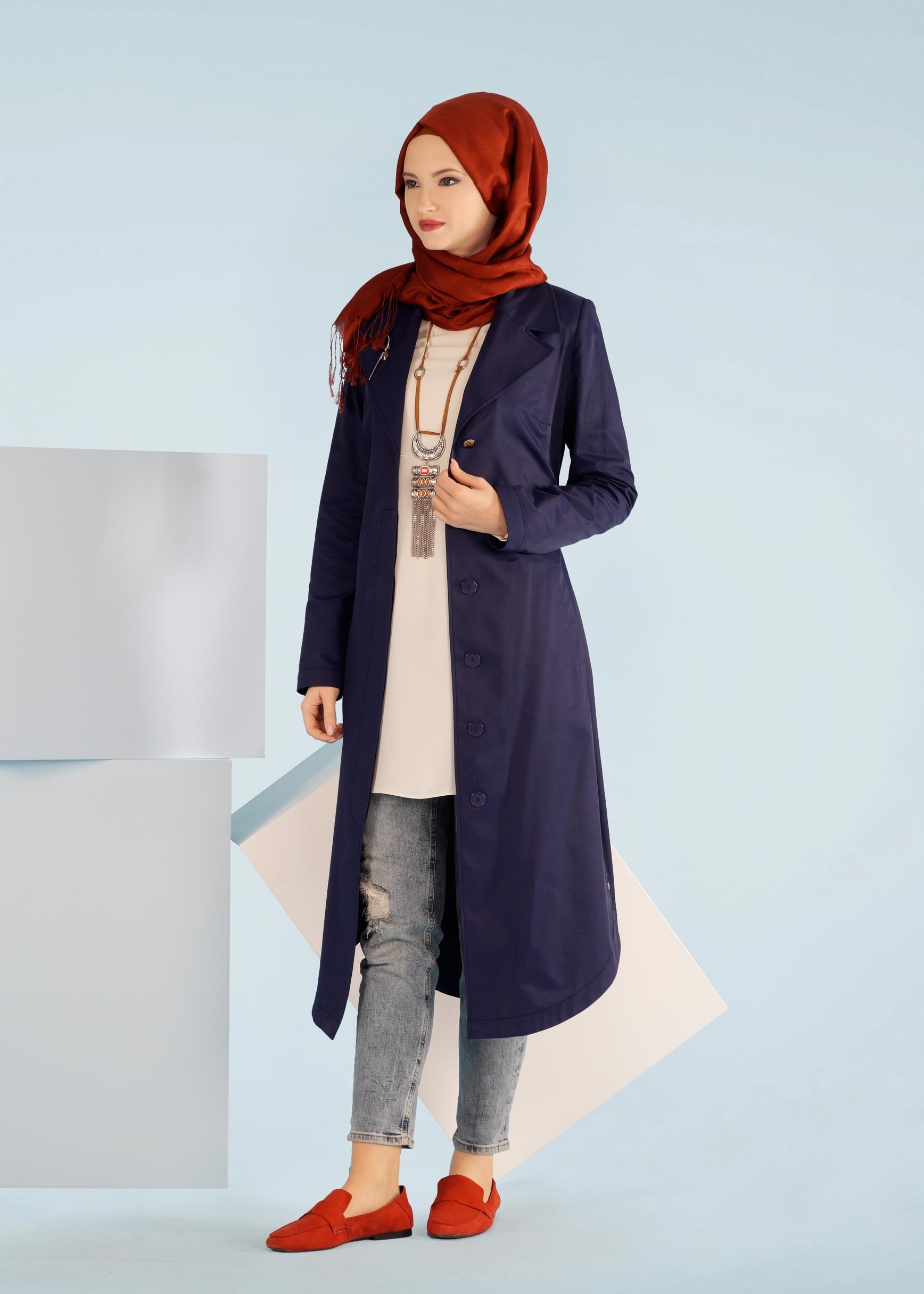 Tesettür giyim LACİVERT 1043 BURBERY TRENCH 38/46 TEK36