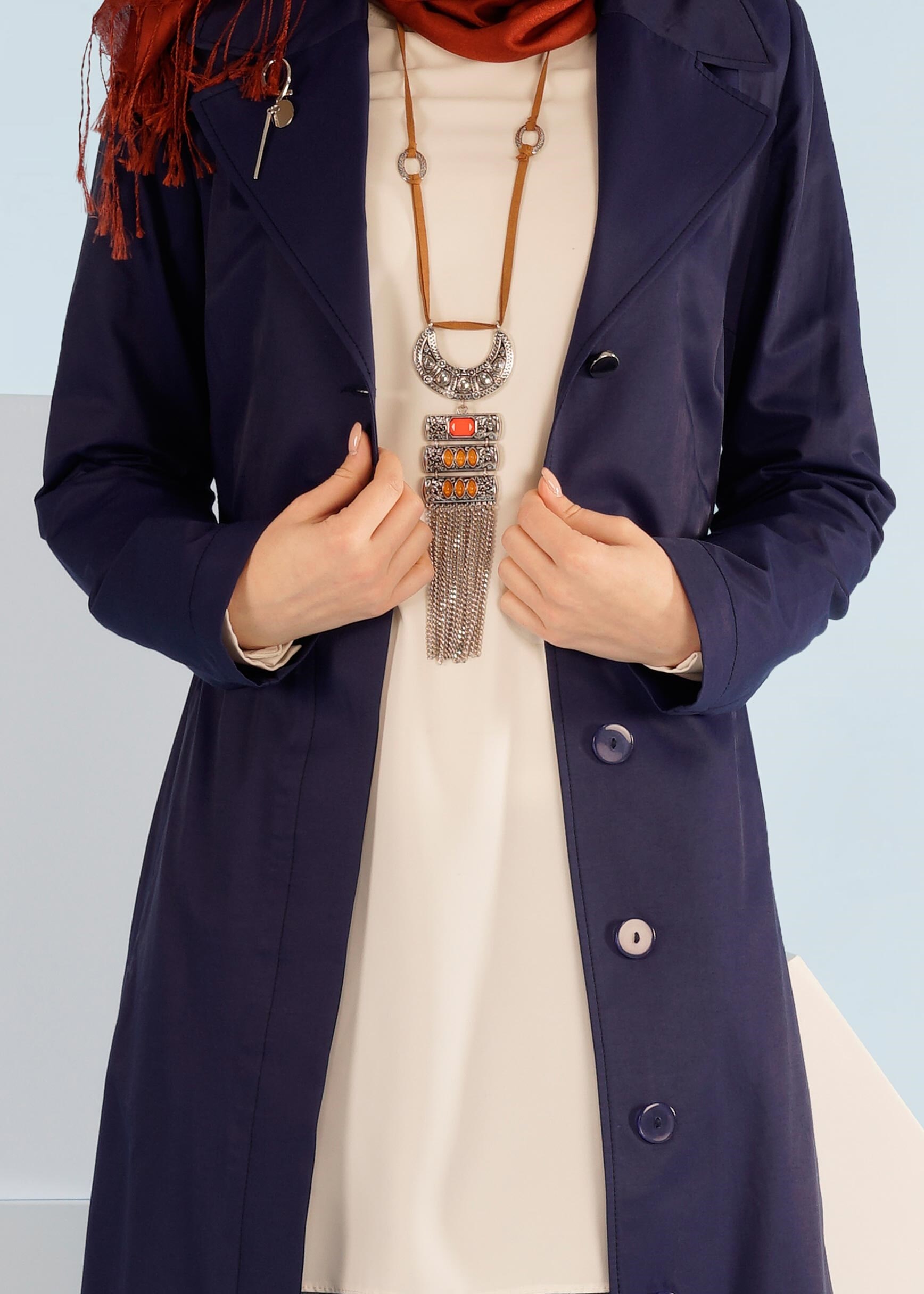 Tesettür giyim LACİVERT 1043 BURBERY TRENCH 38/46 TEK36