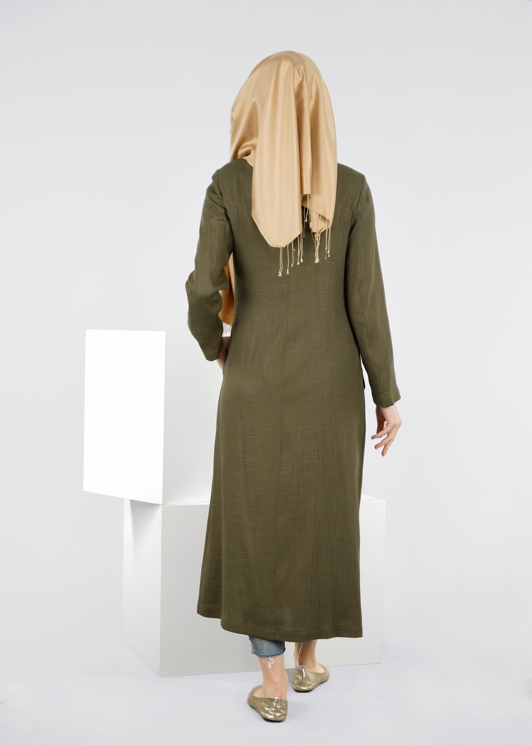 Tesettür giyim HAKİ ÖNÜ BASKILI FERMUARLI TRENÇKOT 1050