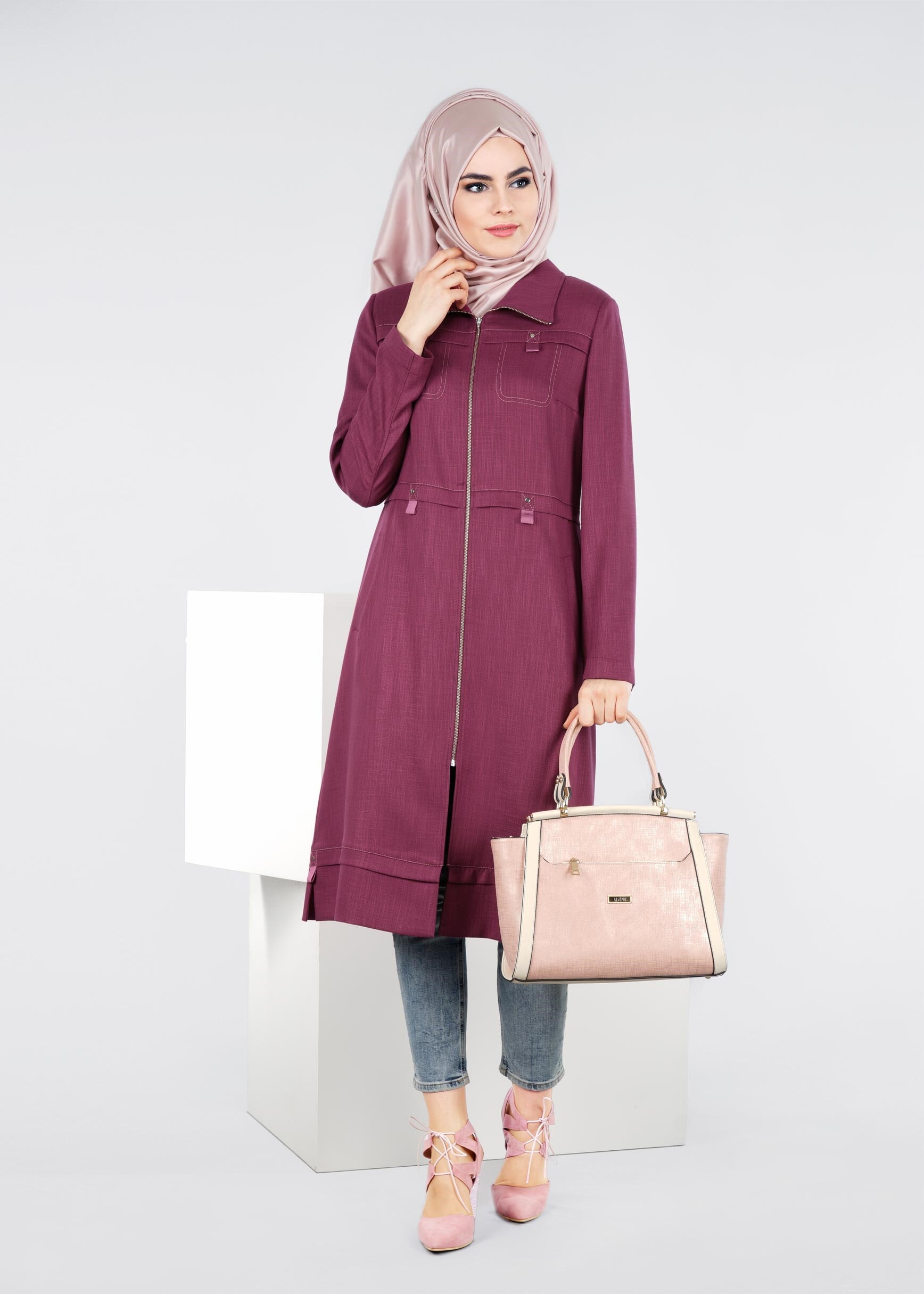 Tesettür giyim FUŞYA FERMUARLI TRENÇKOT 1054 