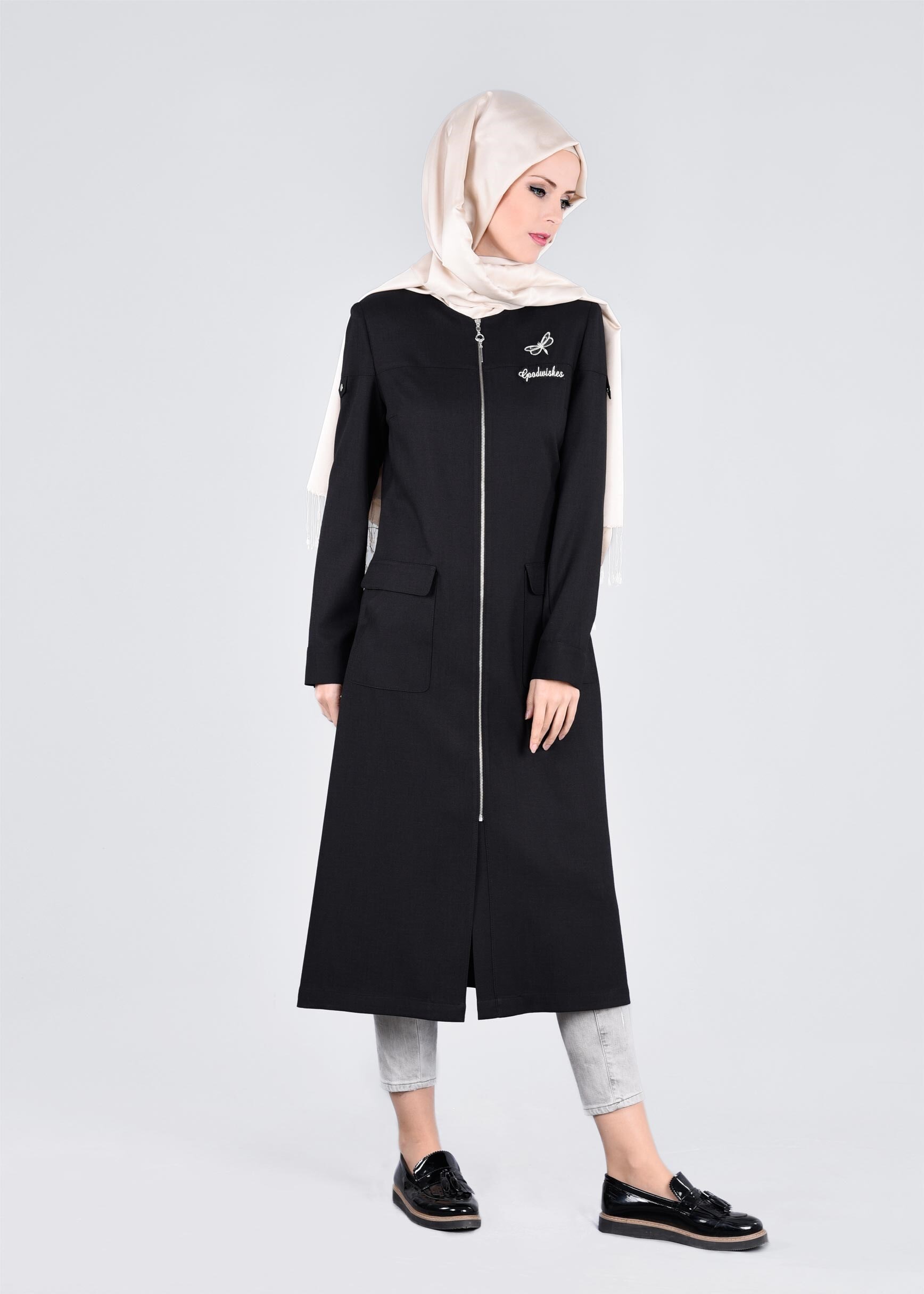 Tesettür giyim SİYAH FERMUARLI CEPLİ TRENÇKOT 1062 