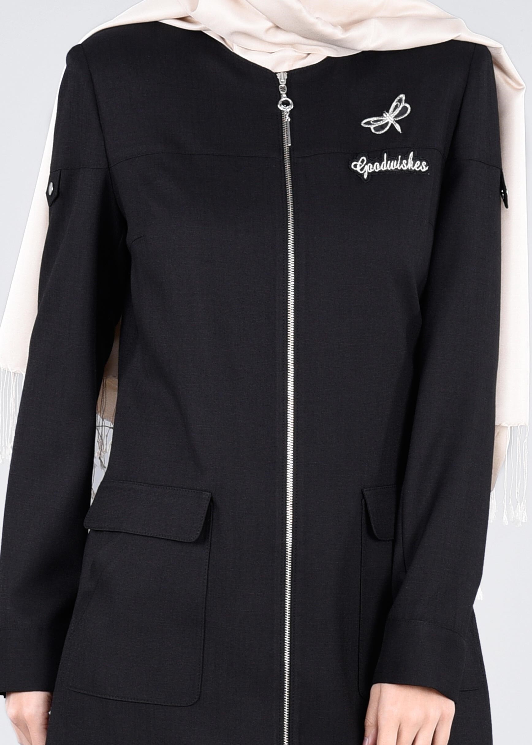 Tesettür giyim SİYAH FERMUARLI CEPLİ TRENÇKOT 1062 