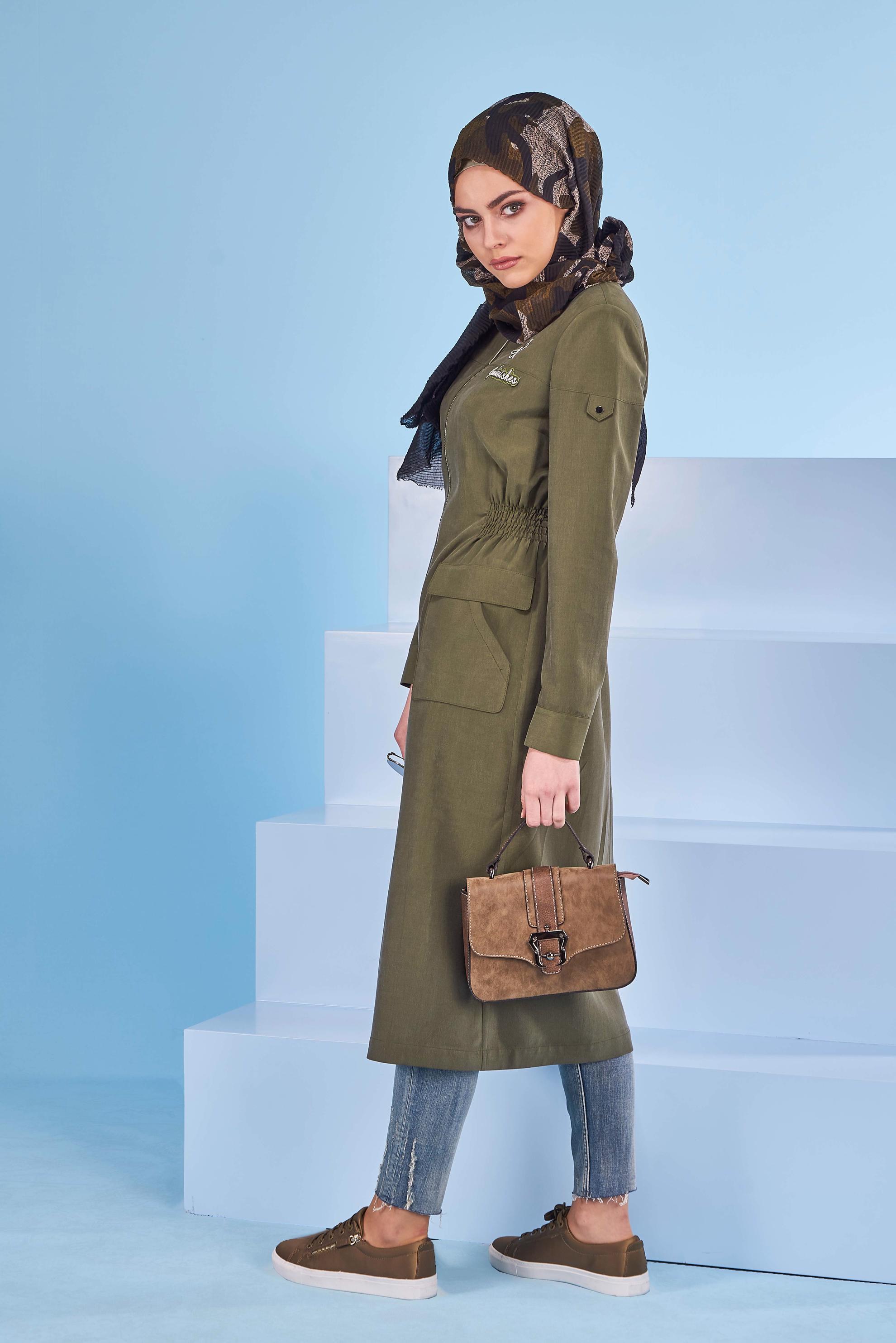 Tesettür giyim HAKİ FERMUARLI CEPLİ TRENÇKOT 1062 