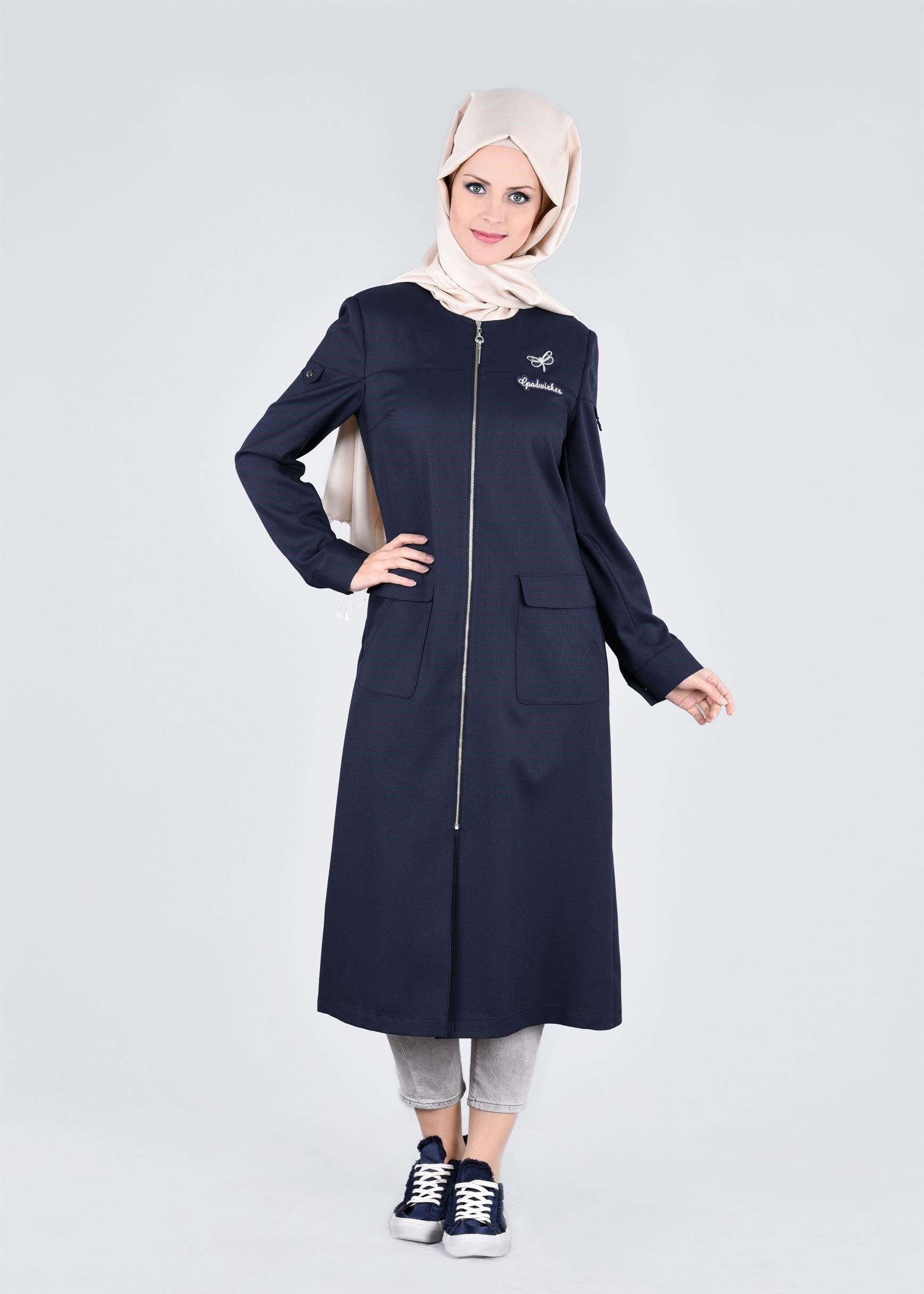 Tesettür giyim LACİVERT FERMUARLI CEPLİ TRENÇKOT 1062 