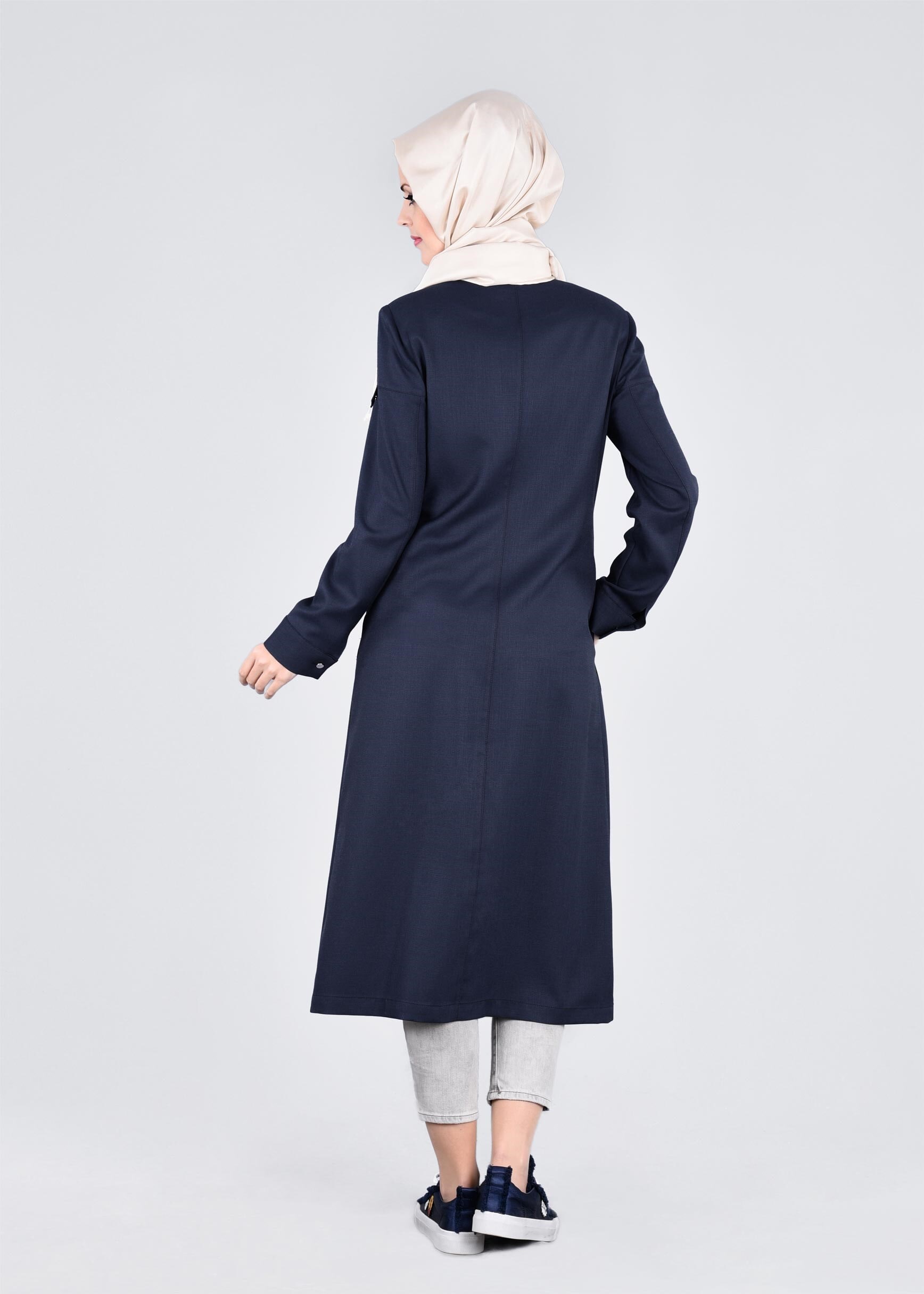 Tesettür giyim LACİVERT FERMUARLI CEPLİ TRENÇKOT 1062 