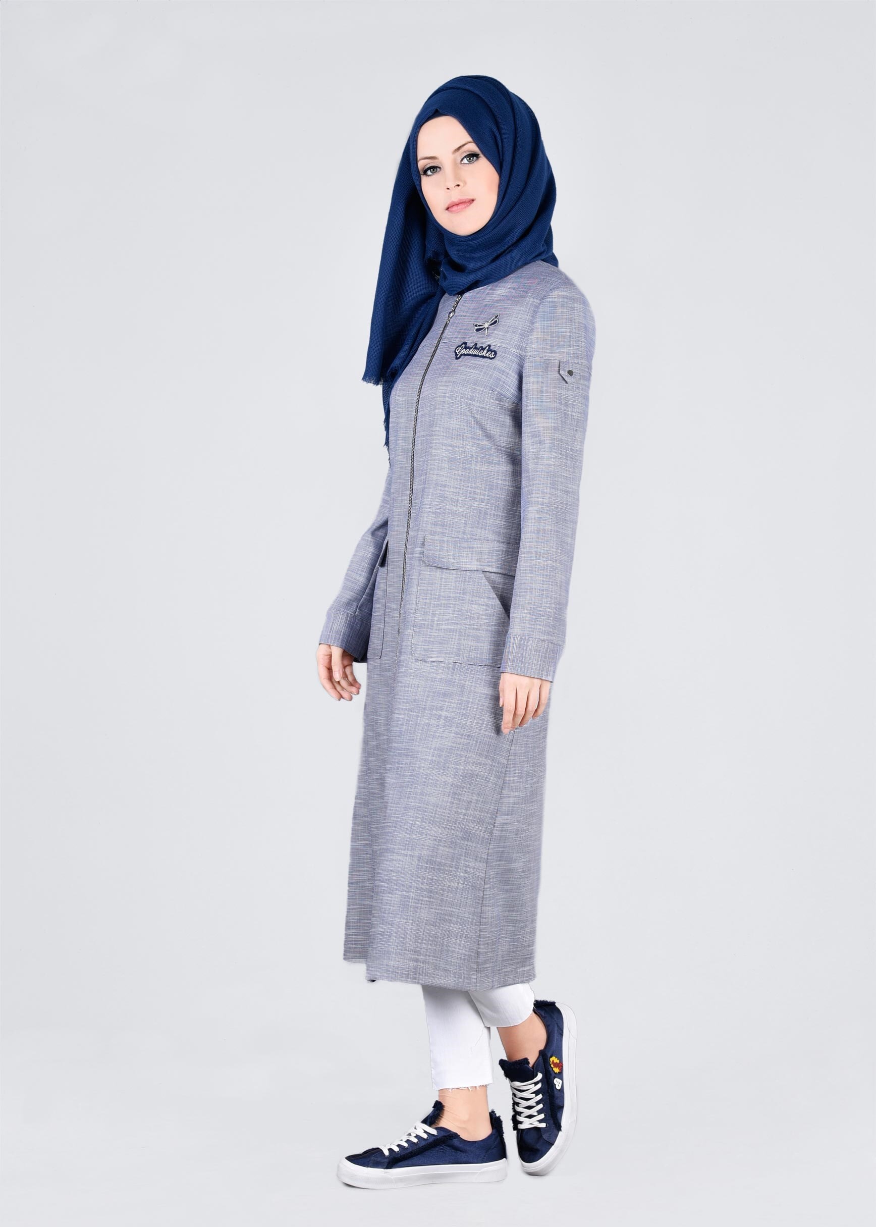 Tesettür giyim LACİVERT FERMUARLI CEPLİ TRENÇKOT 1062 