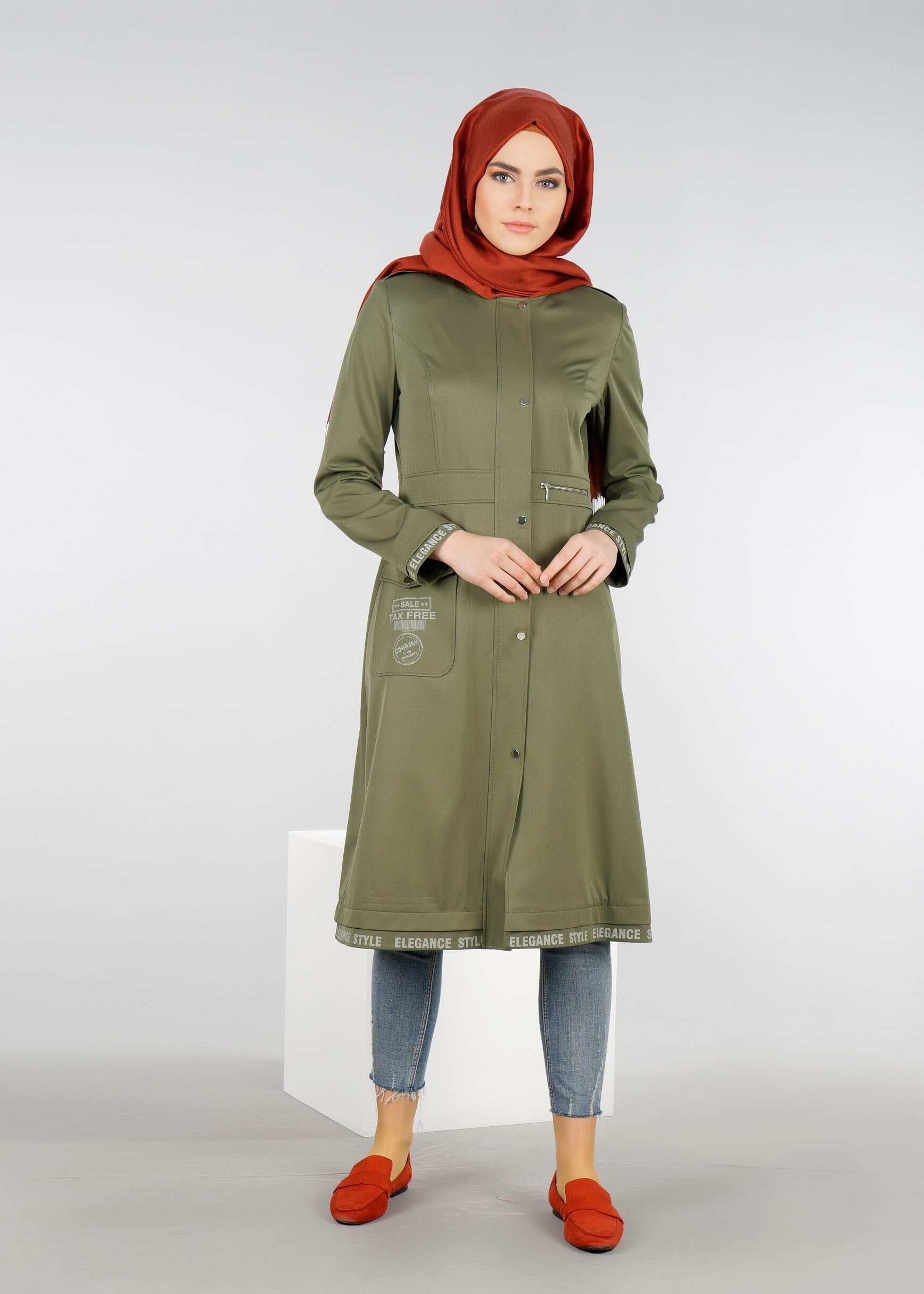 Tesettür giyim HAKİ TEK CEPLİ ÇITÇITLI TRENÇKOT 1064