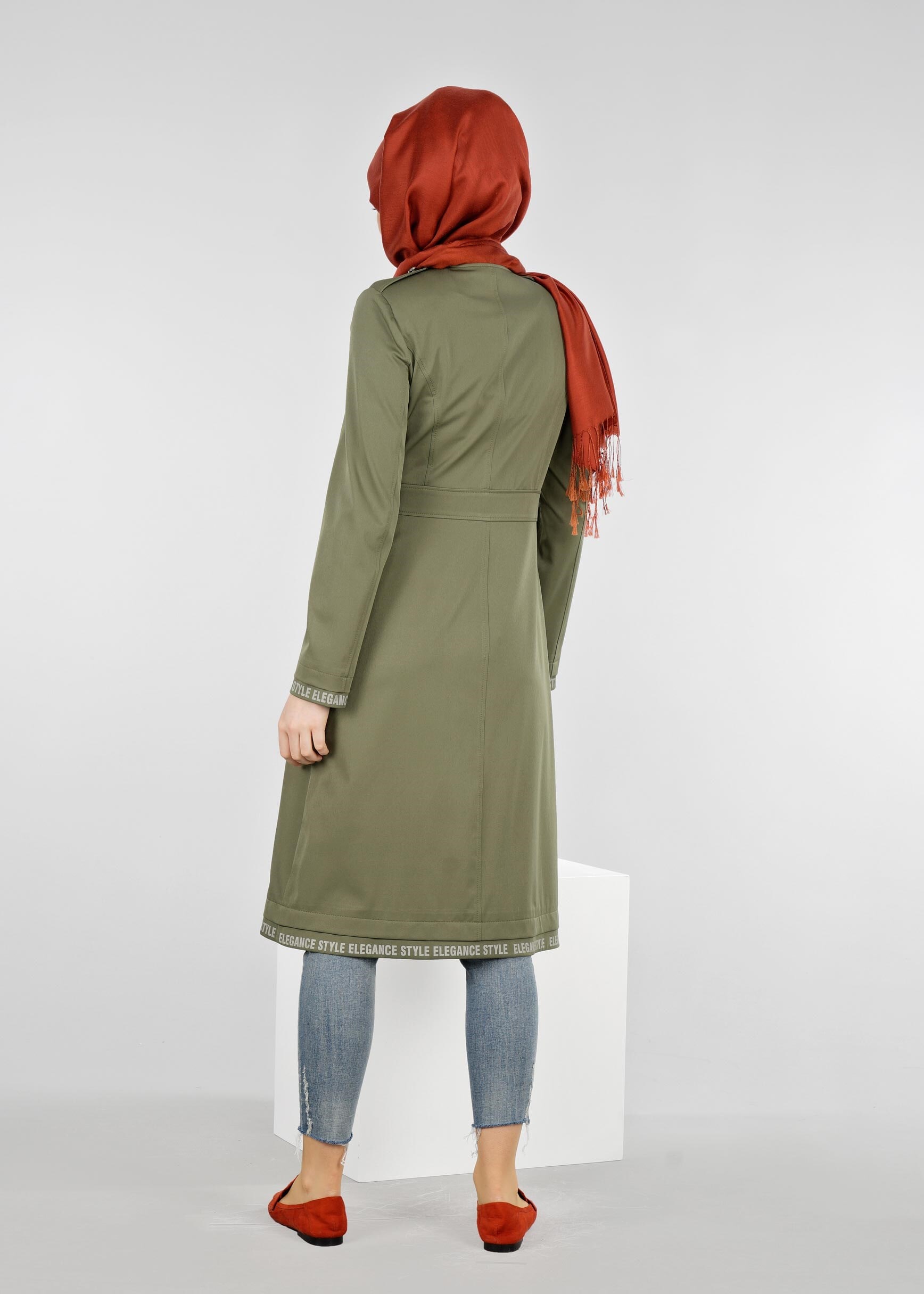 Tesettür giyim HAKİ TEK CEPLİ ÇITÇITLI TRENÇKOT 1064