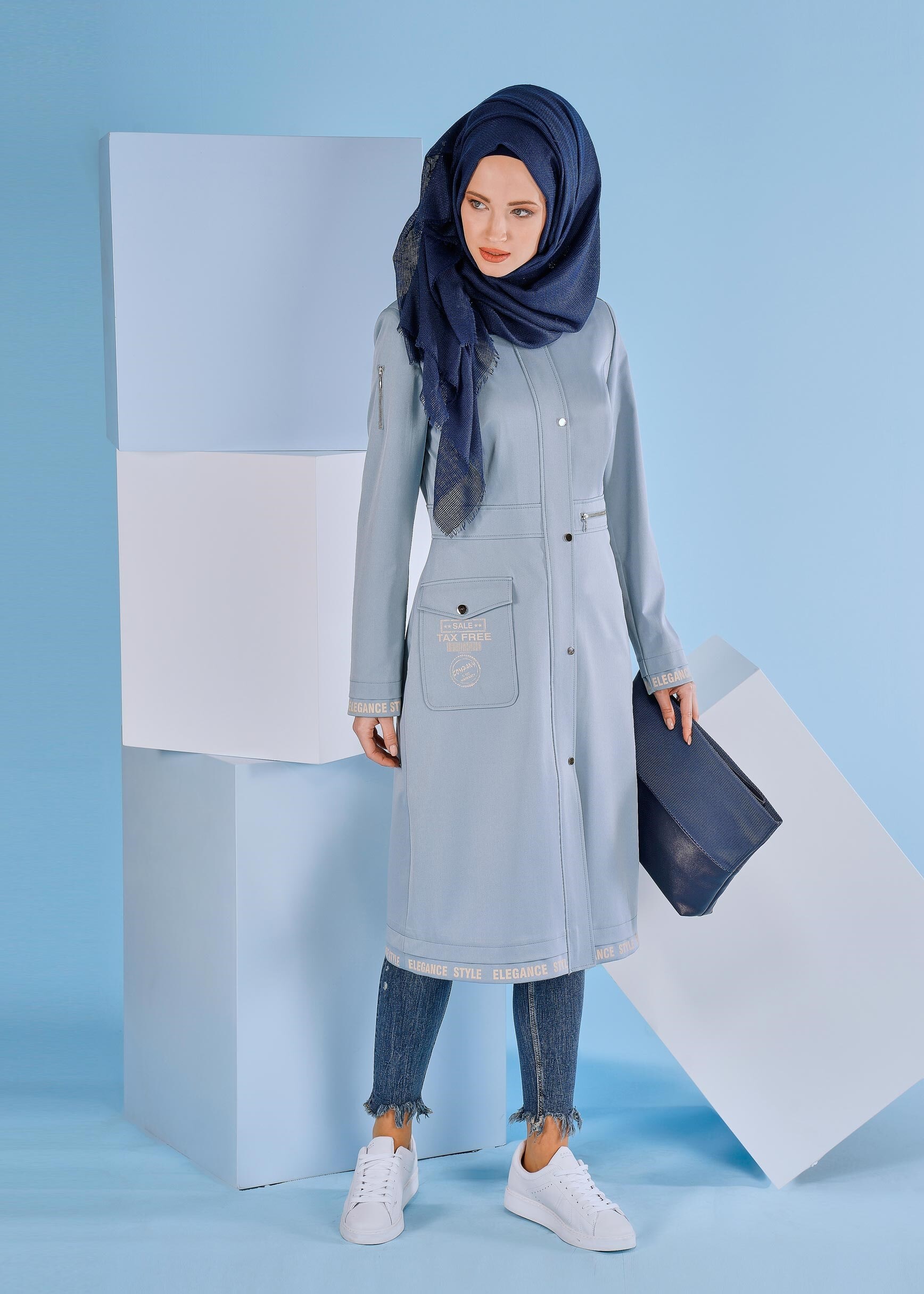 Tesettür giyim MAVİ TEK CEPLİ ÇITÇITLI TRENÇKOT 1064