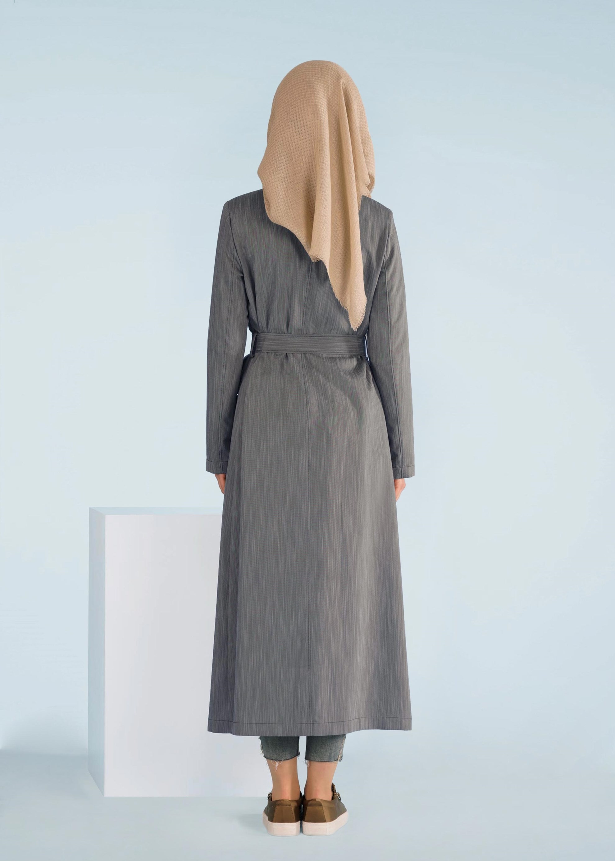 Tesettür giyim HAKİ BASKILI KUŞAKLI TRENÇKOT 1065