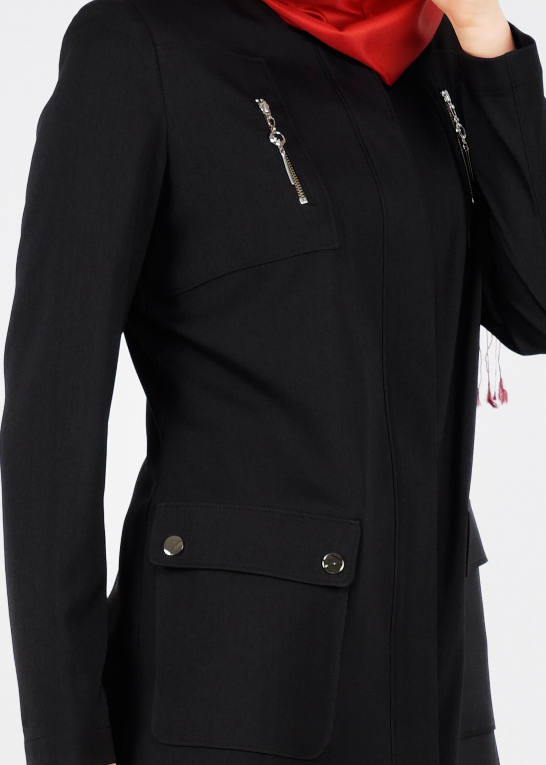 Tesettür giyim SİYAH FERMUARLI DÜZ TRENÇKOT 1066 