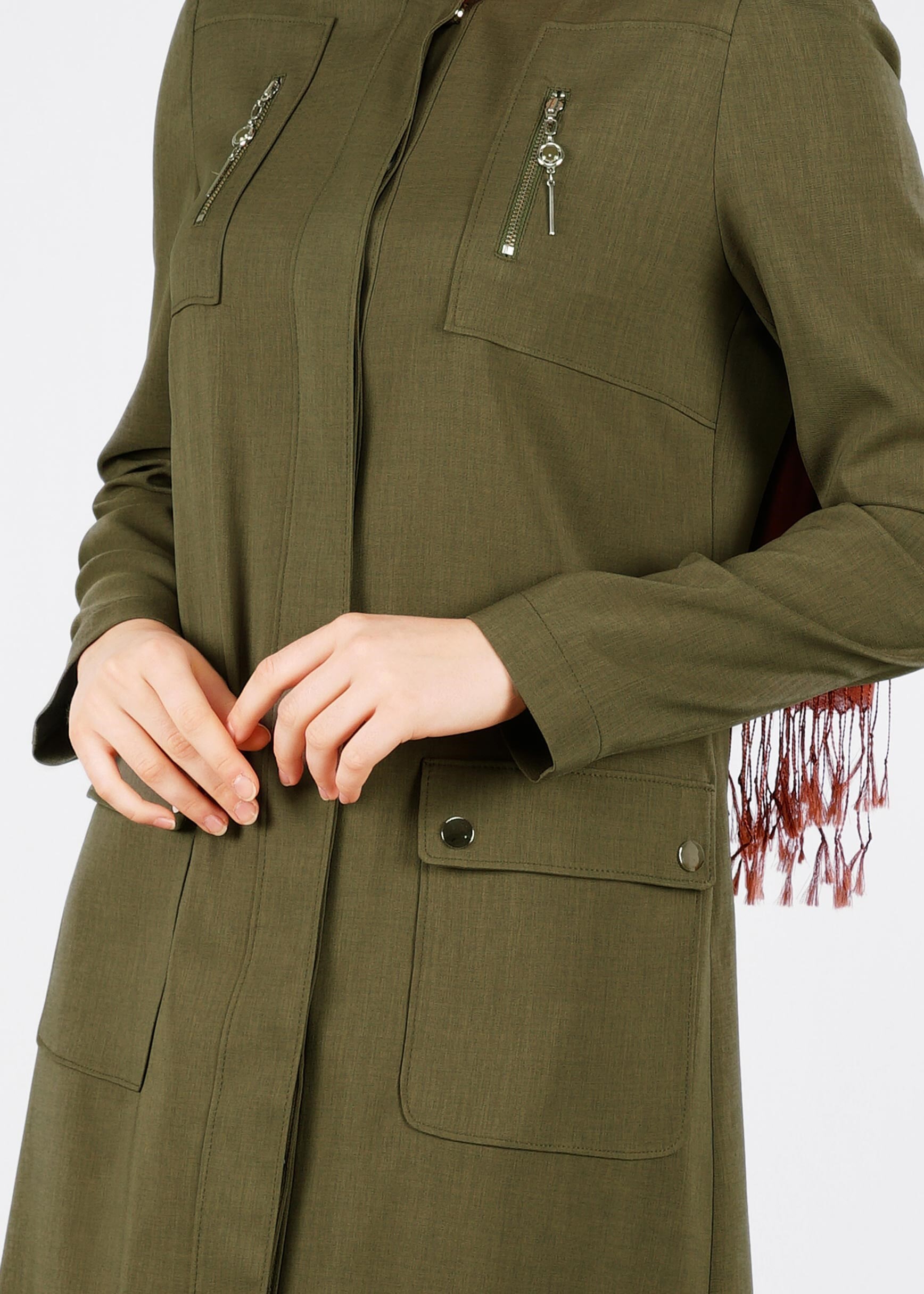 Tesettür giyim YEŞİL FERMUARLI DÜZ TRENÇKOT 1066 