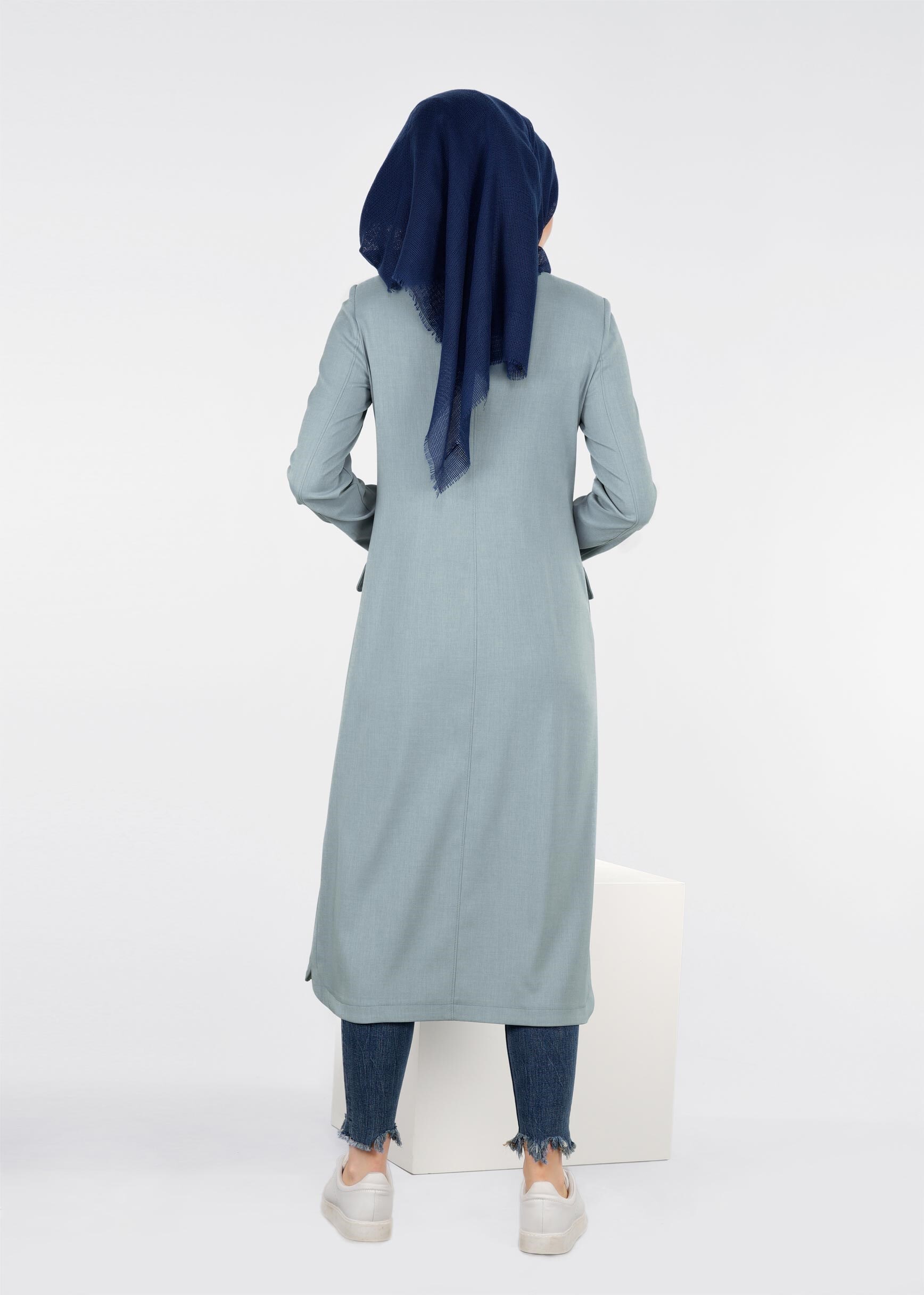 Tesettür giyim MAVİ FERMUARLI DÜZ TRENÇKOT 1066 