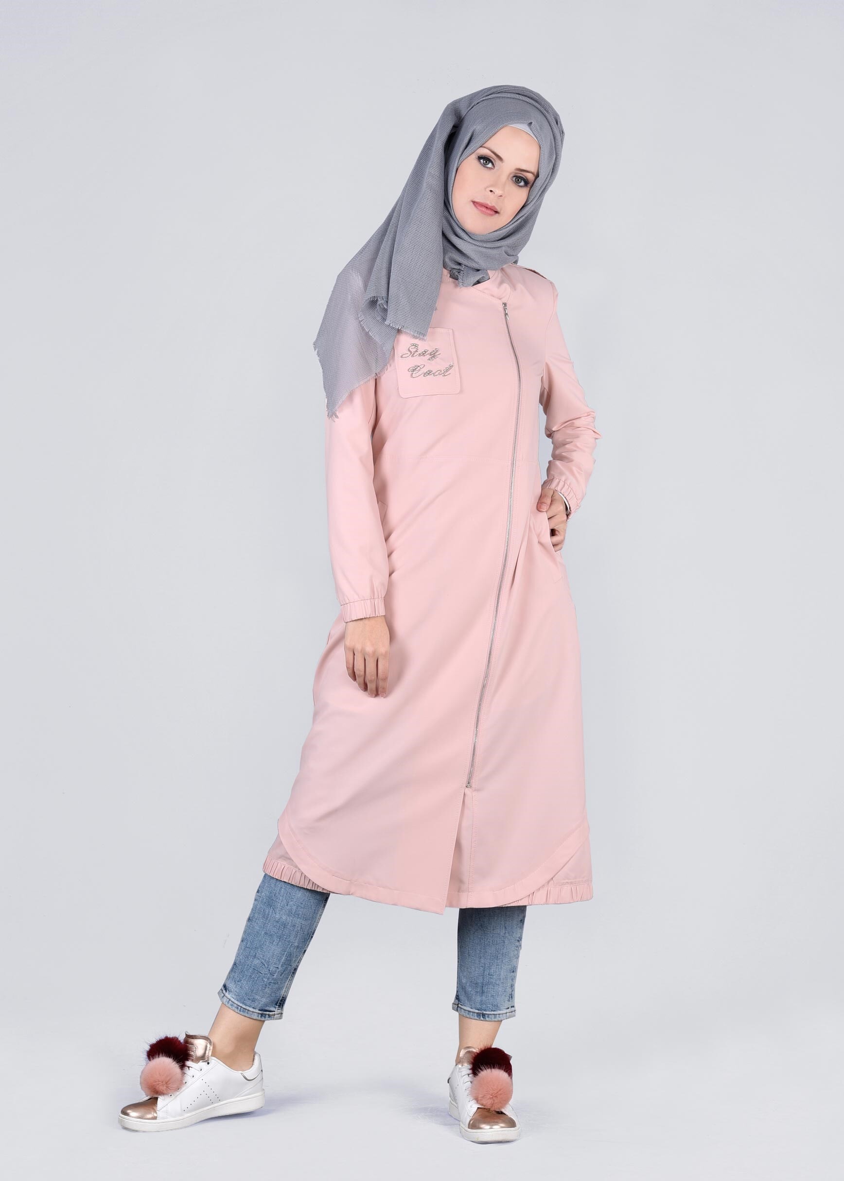 Tesettür giyim PUDRA BASKILI TRENÇKOT 1067