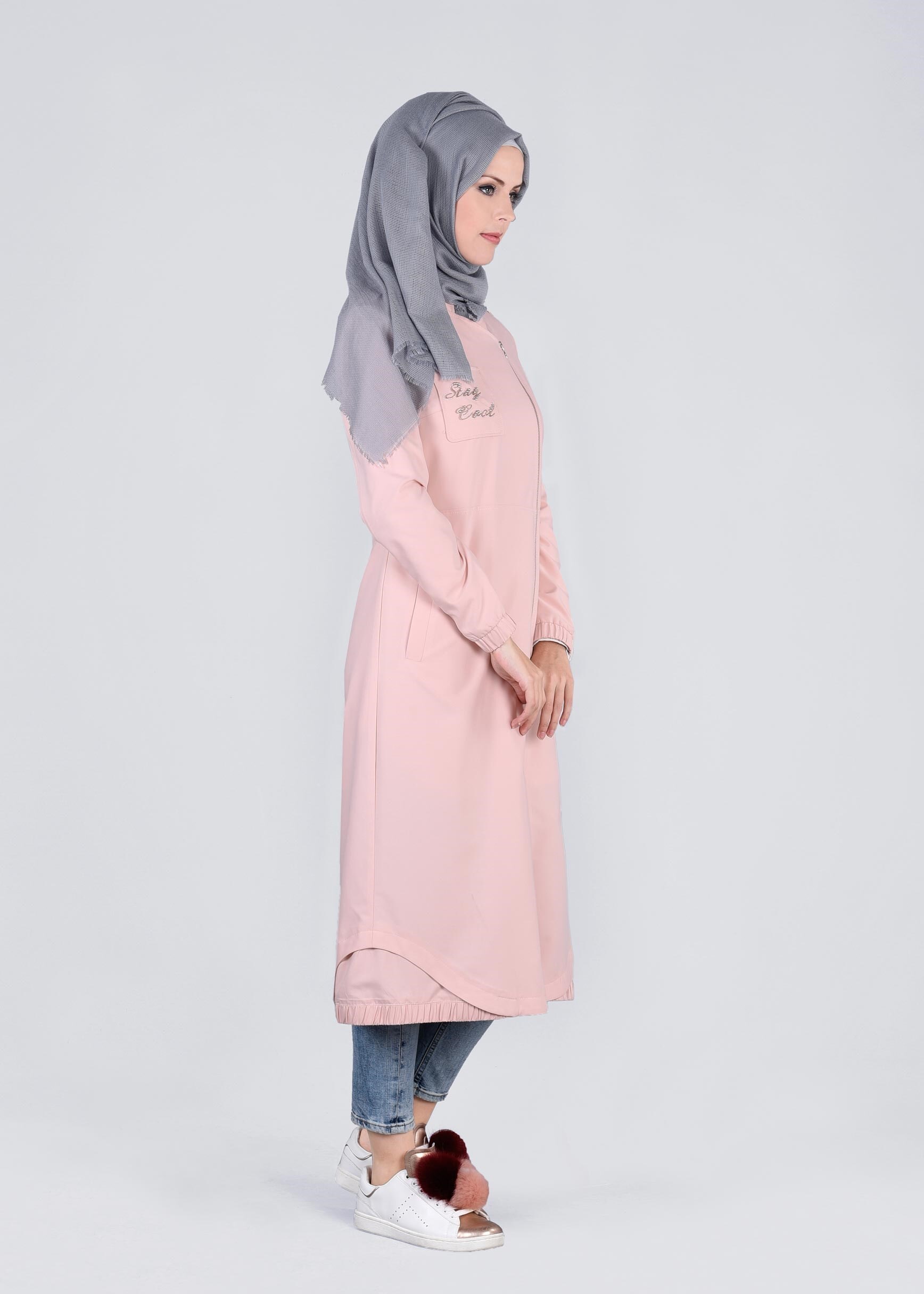 Tesettür giyim PUDRA BASKILI TRENÇKOT 1067