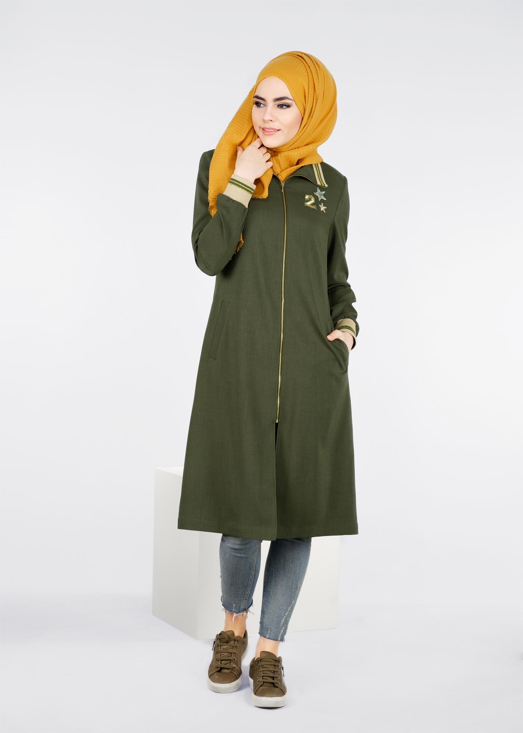 Tesettür giyim HAKİ FERMUARLI SPOR TRENÇKOT 1068 