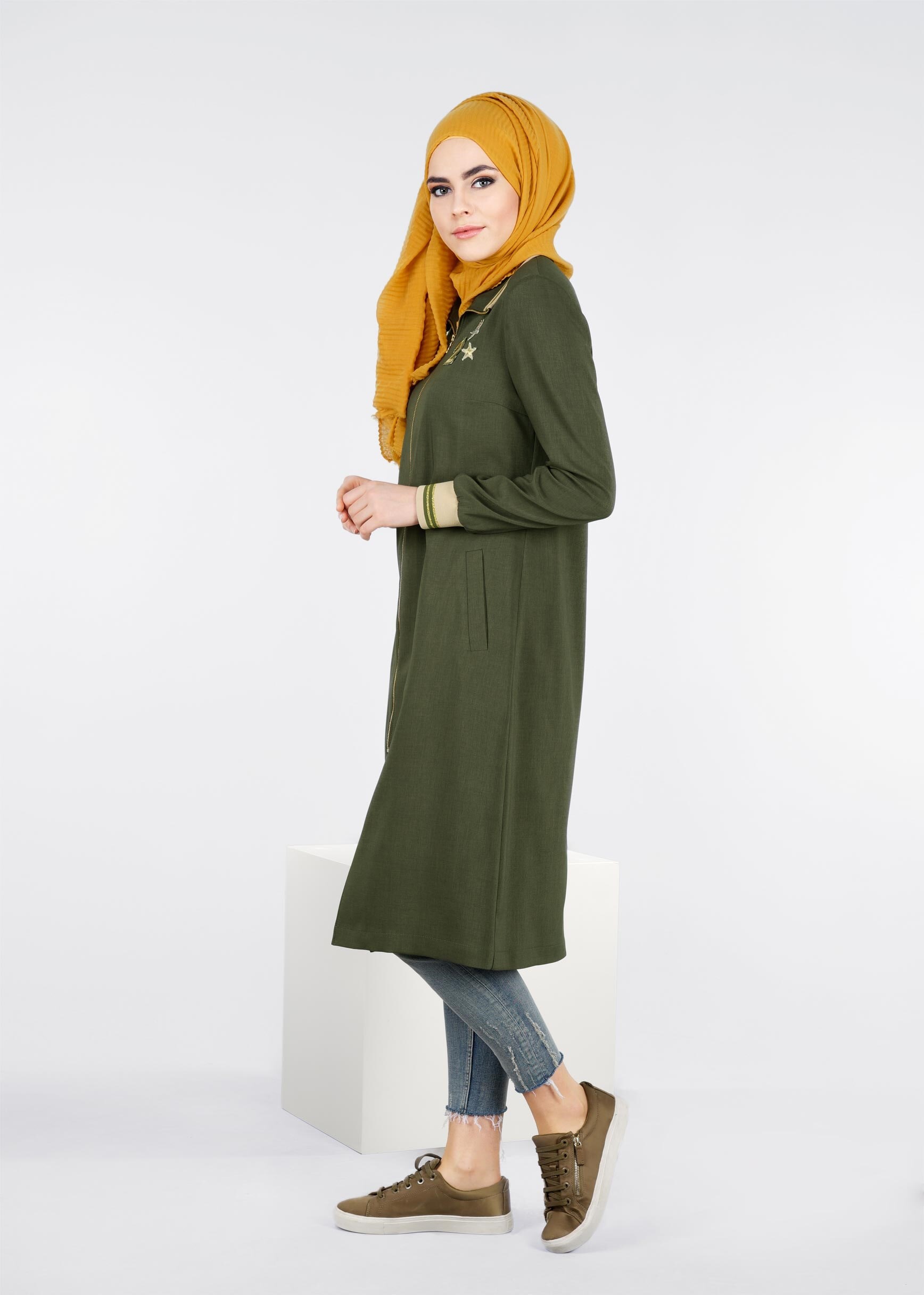 Tesettür giyim HAKİ FERMUARLI SPOR TRENÇKOT 1068 