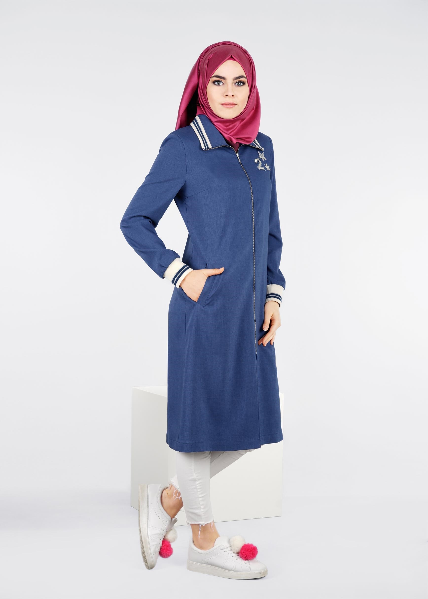 Tesettür giyim LACİVERT FERMUARLI SPOR TRENÇKOT 1068 