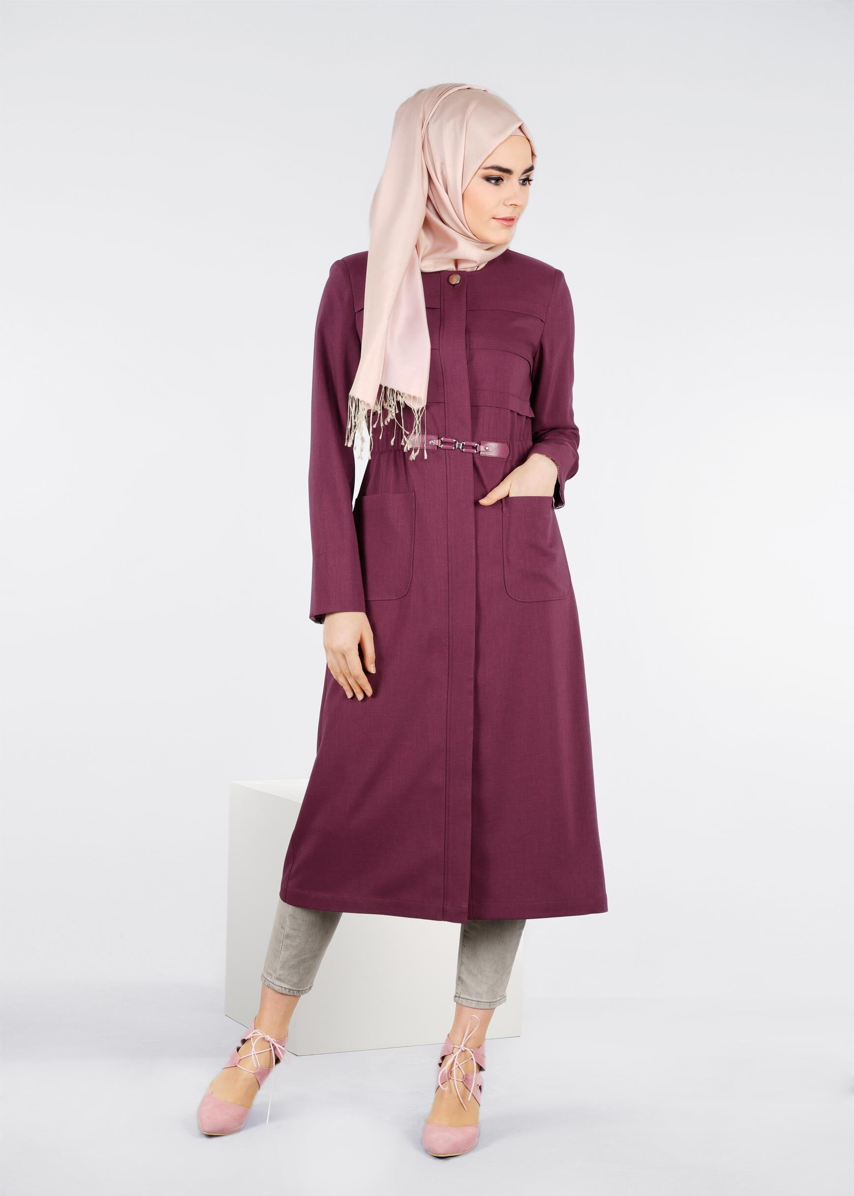 Tesettür giyim MOR KEMERLİ TRENÇKOT 1073