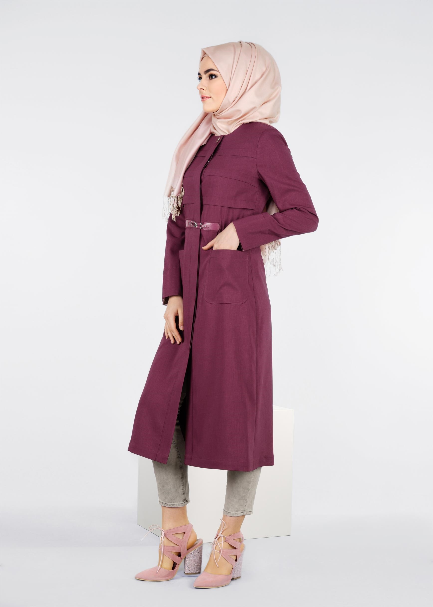 Tesettür giyim MOR KEMERLİ TRENÇKOT 1073