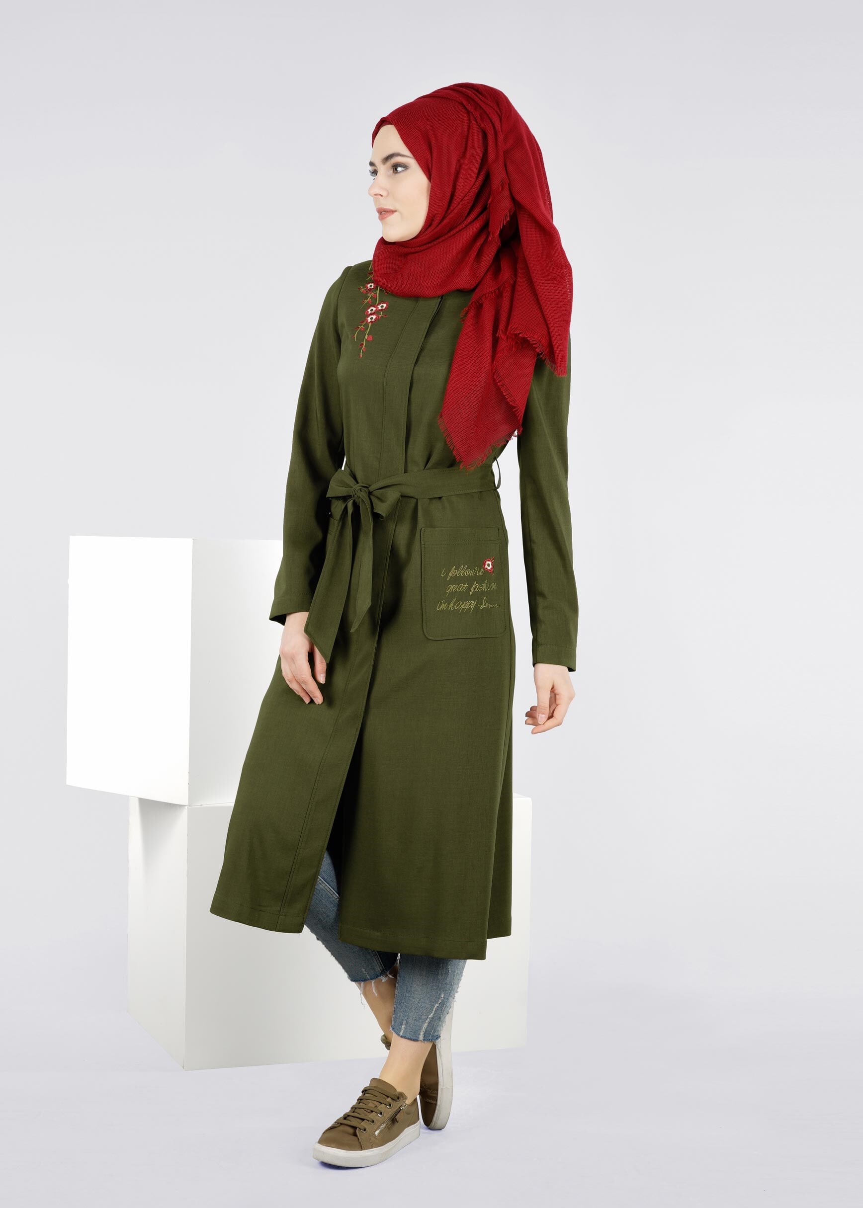 Tesettür giyim HAKİ NAKIŞLI KUŞAKLI TRENÇKOT 1080