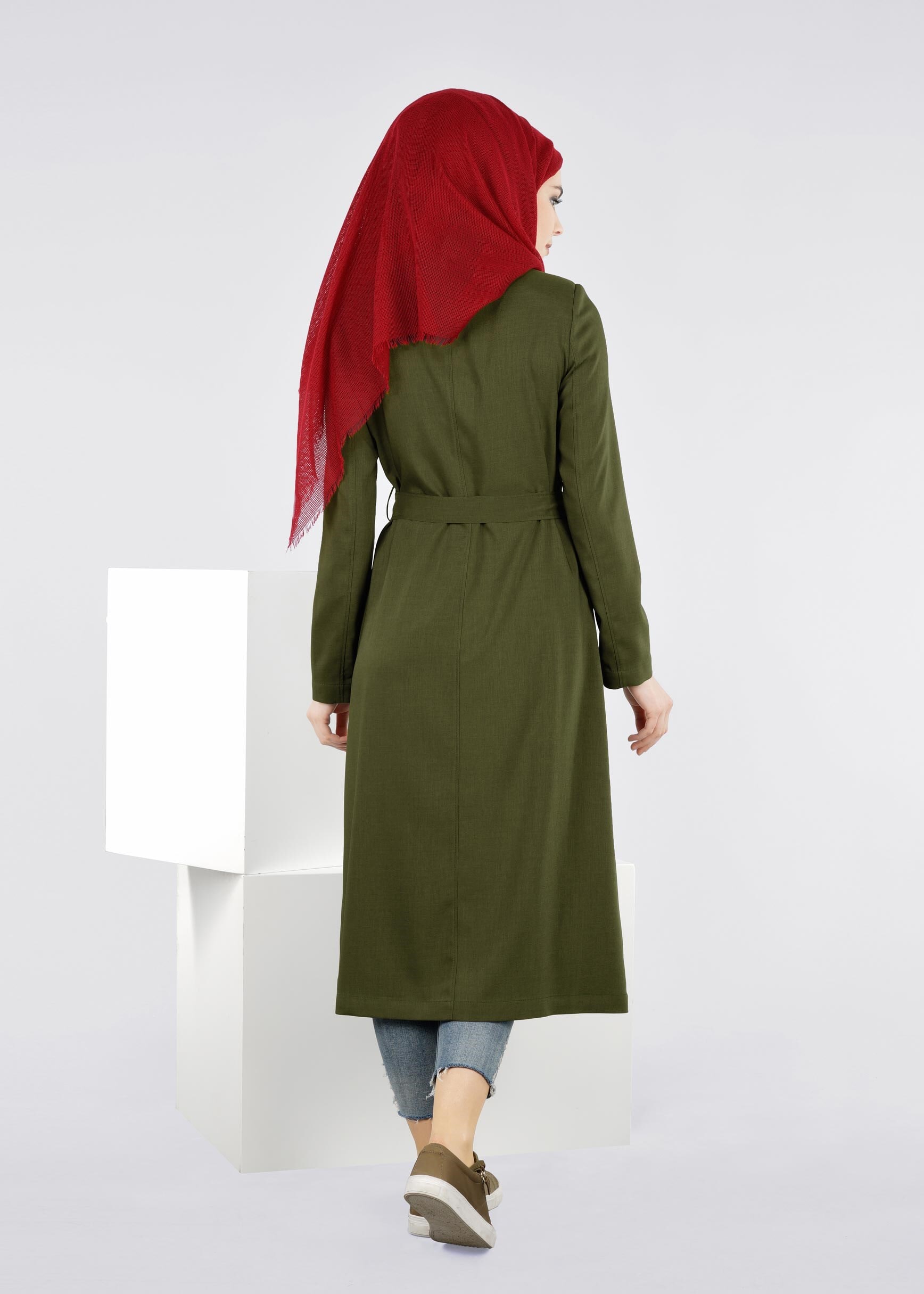 Tesettür giyim HAKİ NAKIŞLI KUŞAKLI TRENÇKOT 1080