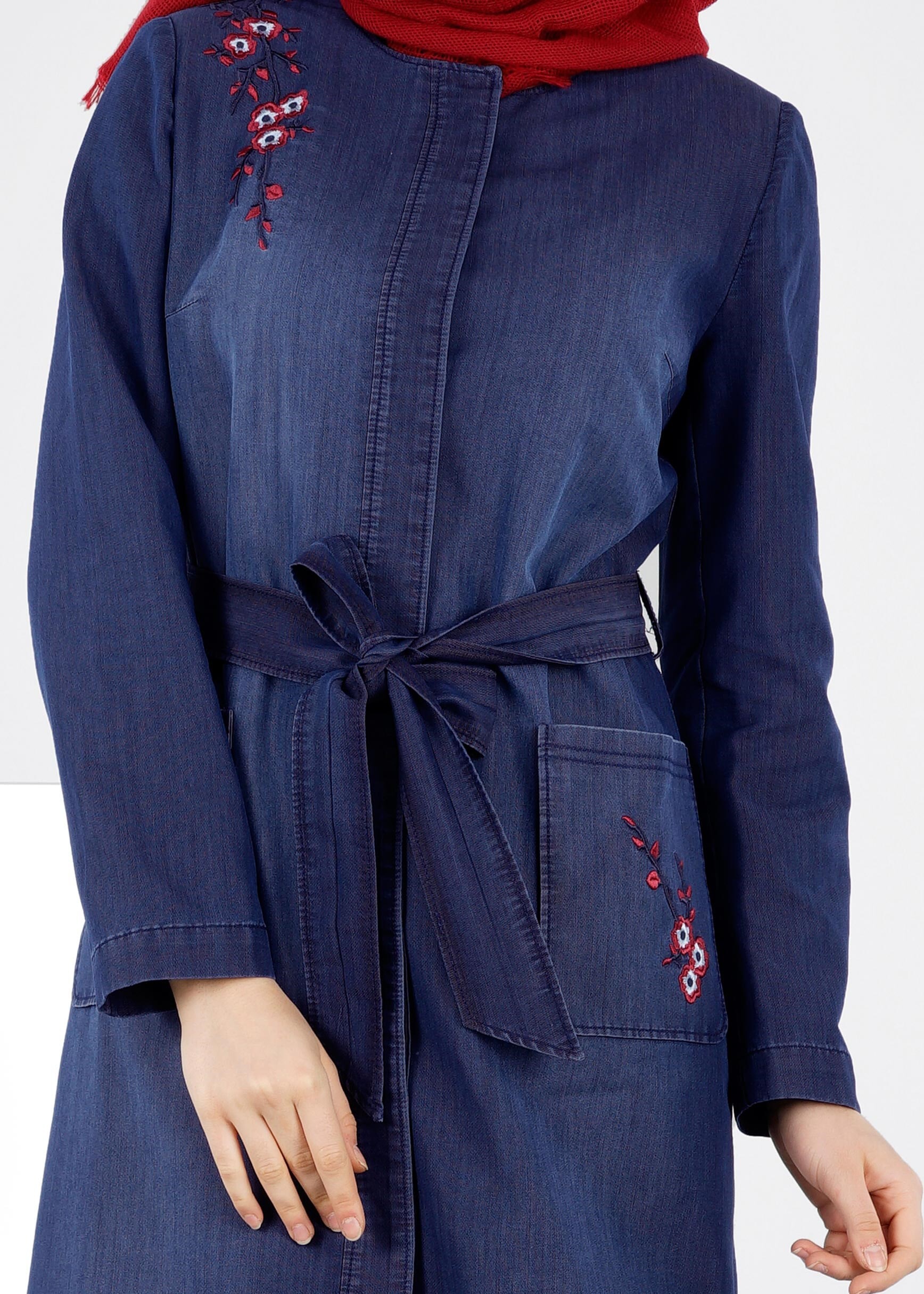 Tesettür giyim LACİVERT NAKIŞLI TRENÇKOT 1081