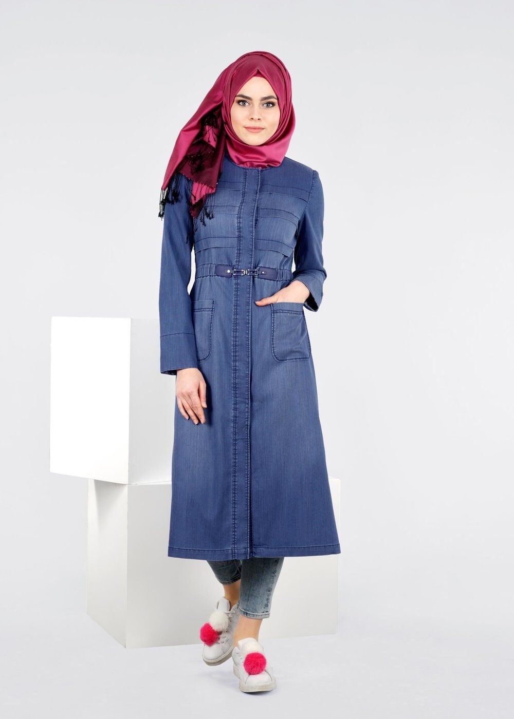 Tesettür giyim LACİVERT DENİM TRENÇKOT 1089