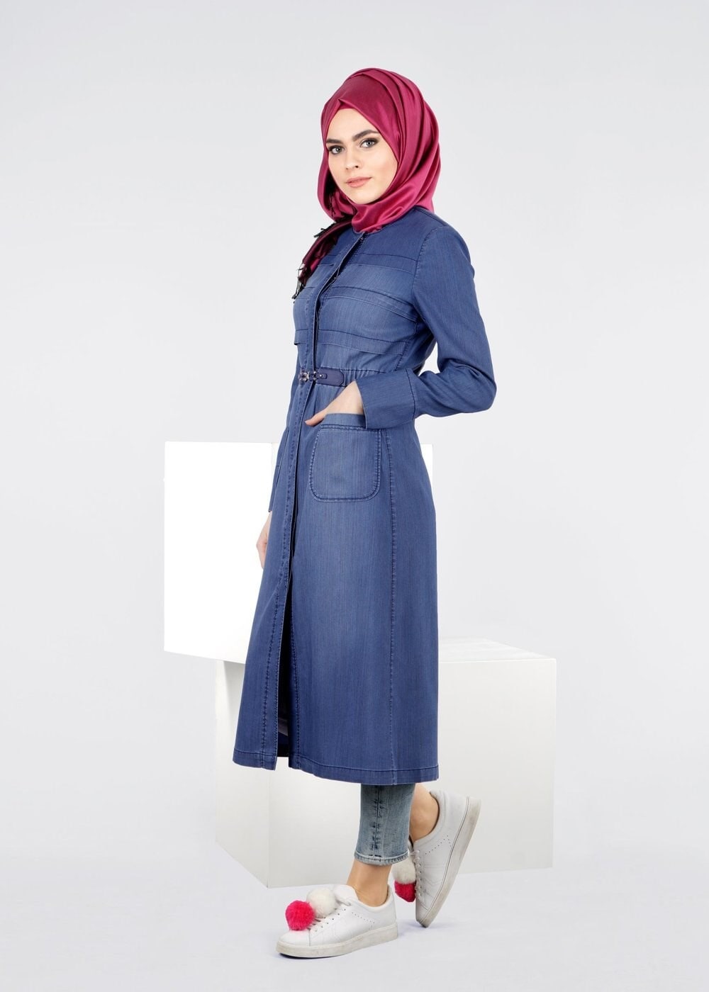 Tesettür giyim LACİVERT DENİM TRENÇKOT 1089