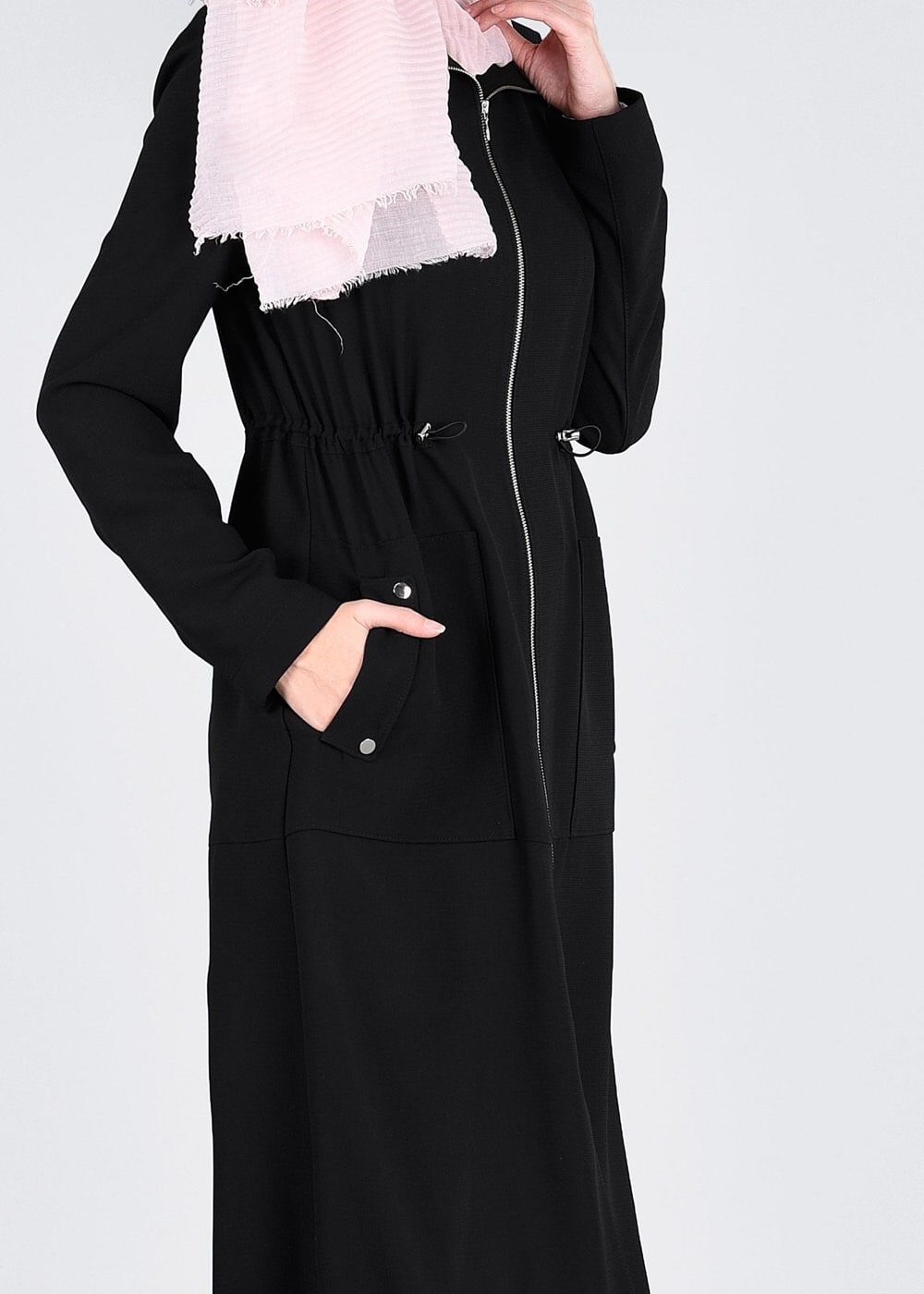 Tesettür giyim SİYAH FERMUARLI TRENÇKOT 1094 