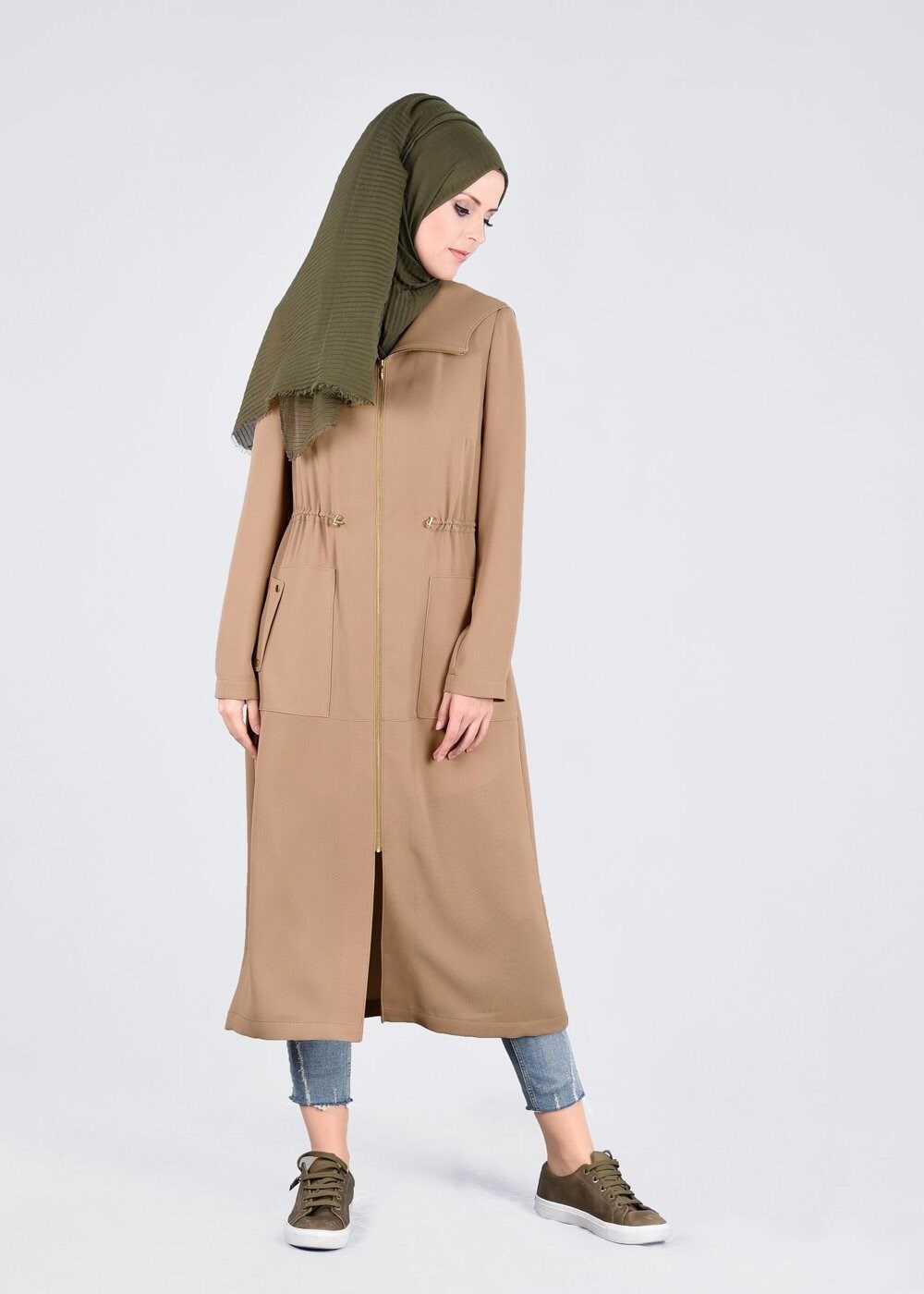 Tesettür giyim BEJ FERMUARLI TRENÇKOT 1094 