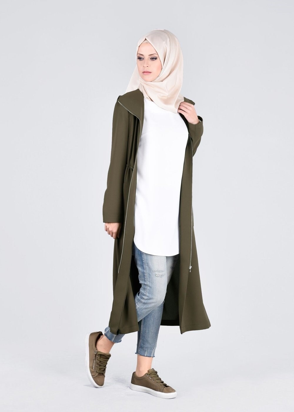 Tesettür giyim HAKİ FERMUARLI TRENÇKOT 1094 