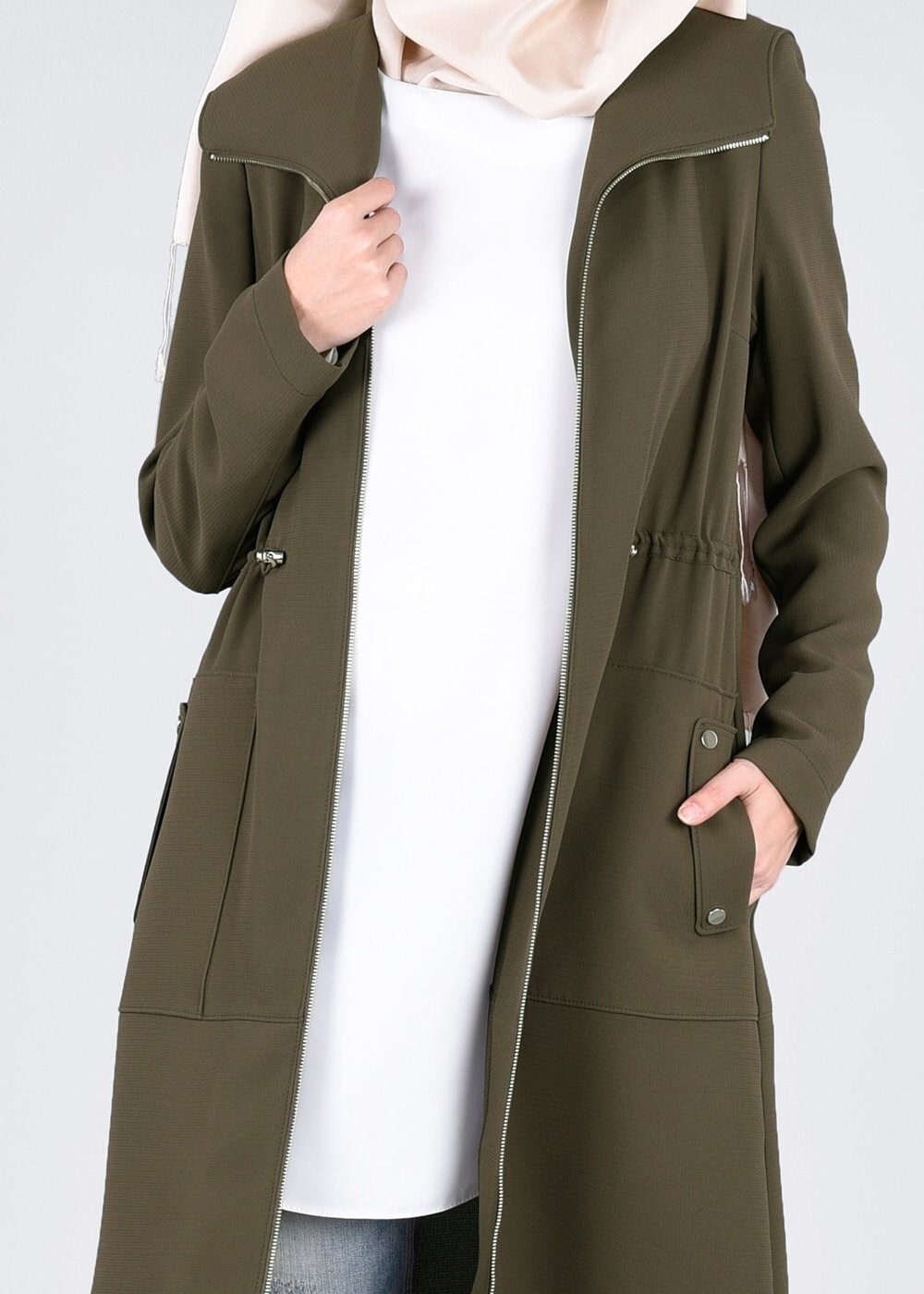 Tesettür giyim HAKİ FERMUARLI TRENÇKOT 1094 