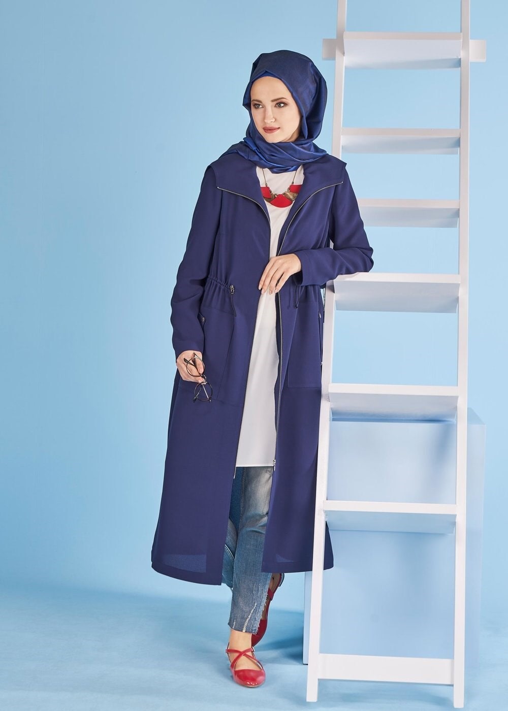 Tesettür giyim LACİVERT FERMUARLI TRENÇKOT 1094 