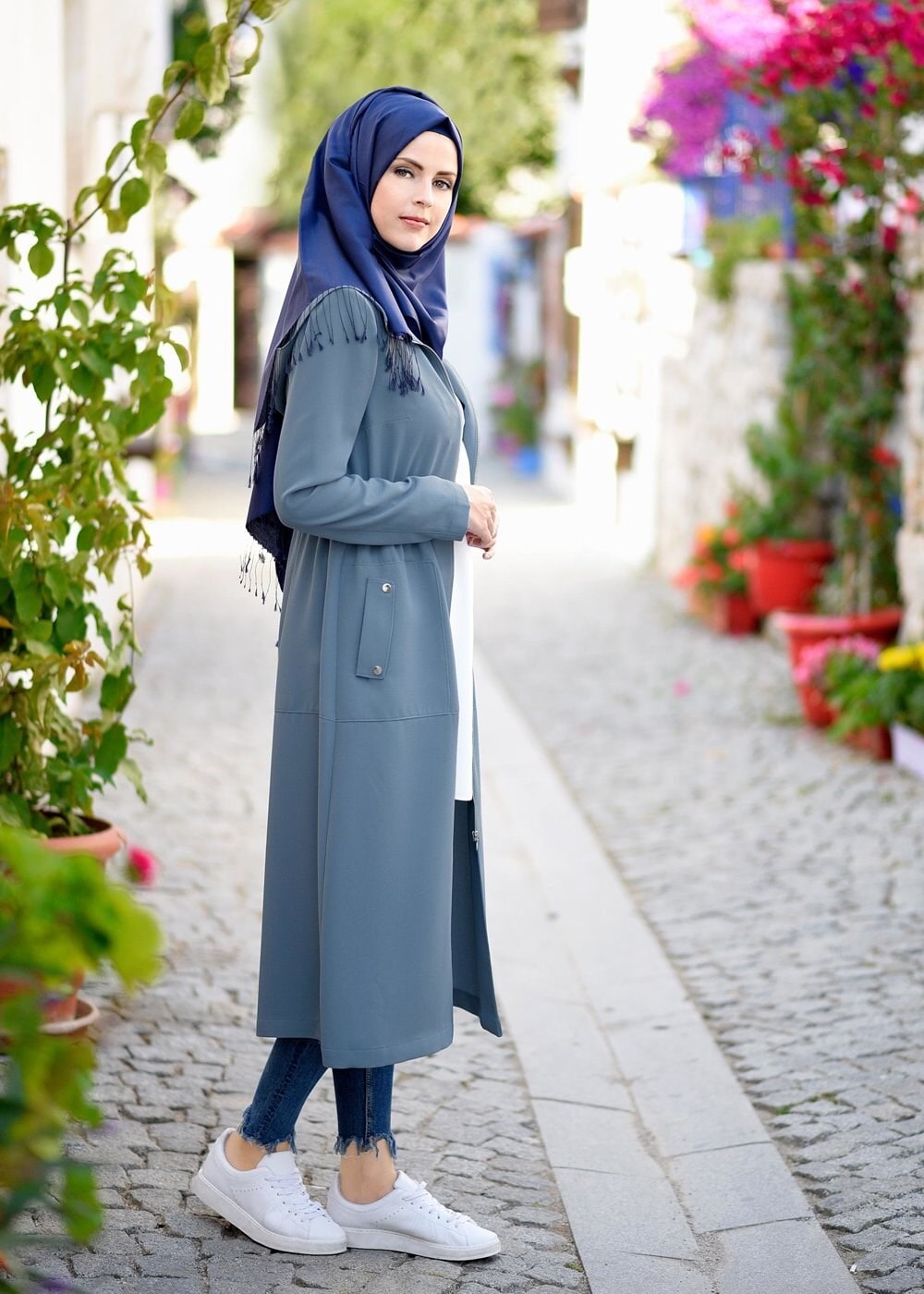 Tesettür giyim MAVİ FERMUARLI TRENÇKOT 1094 