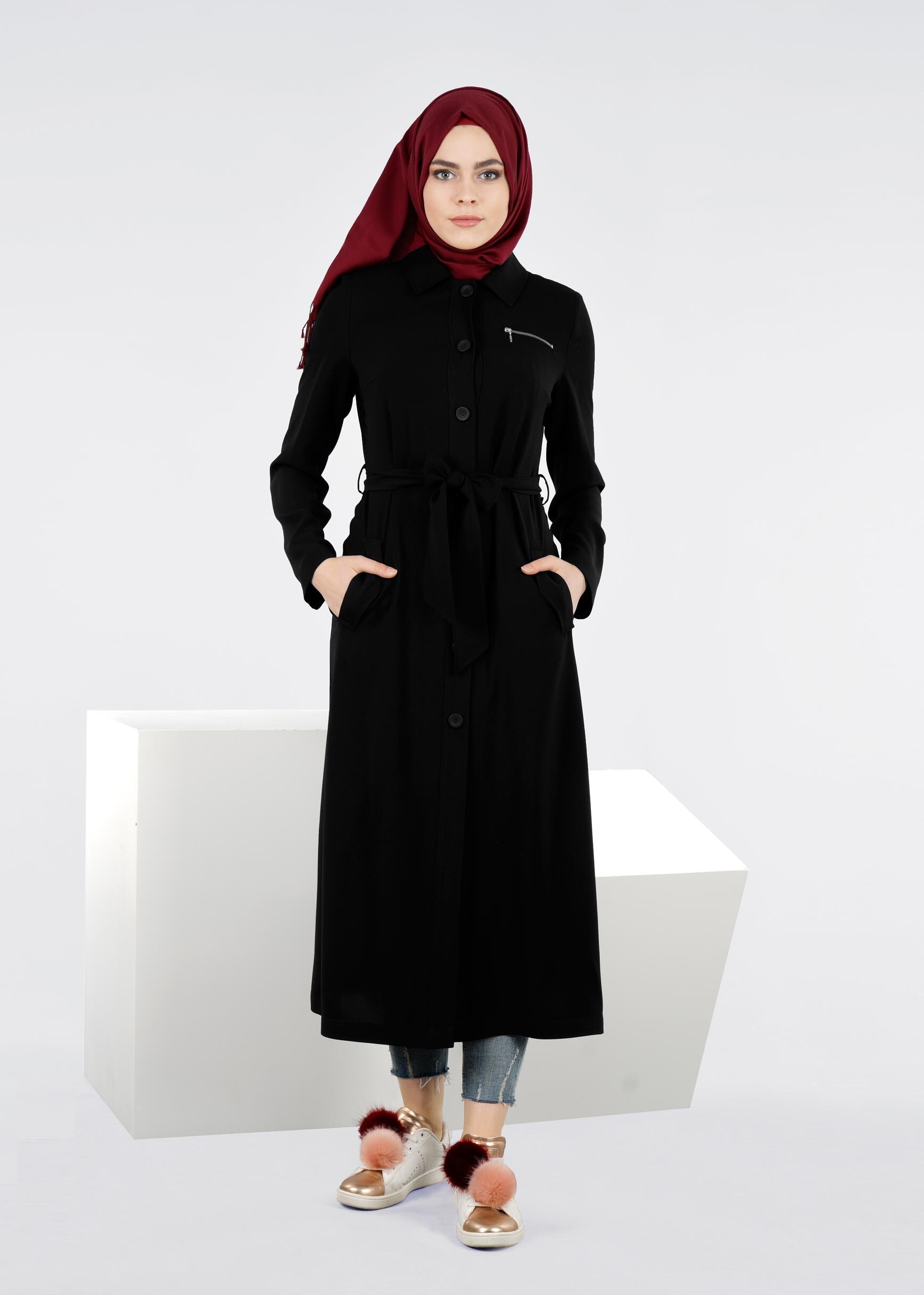 Tesettür giyim SİYAH KUŞAKLI TRENÇKOT 1095 