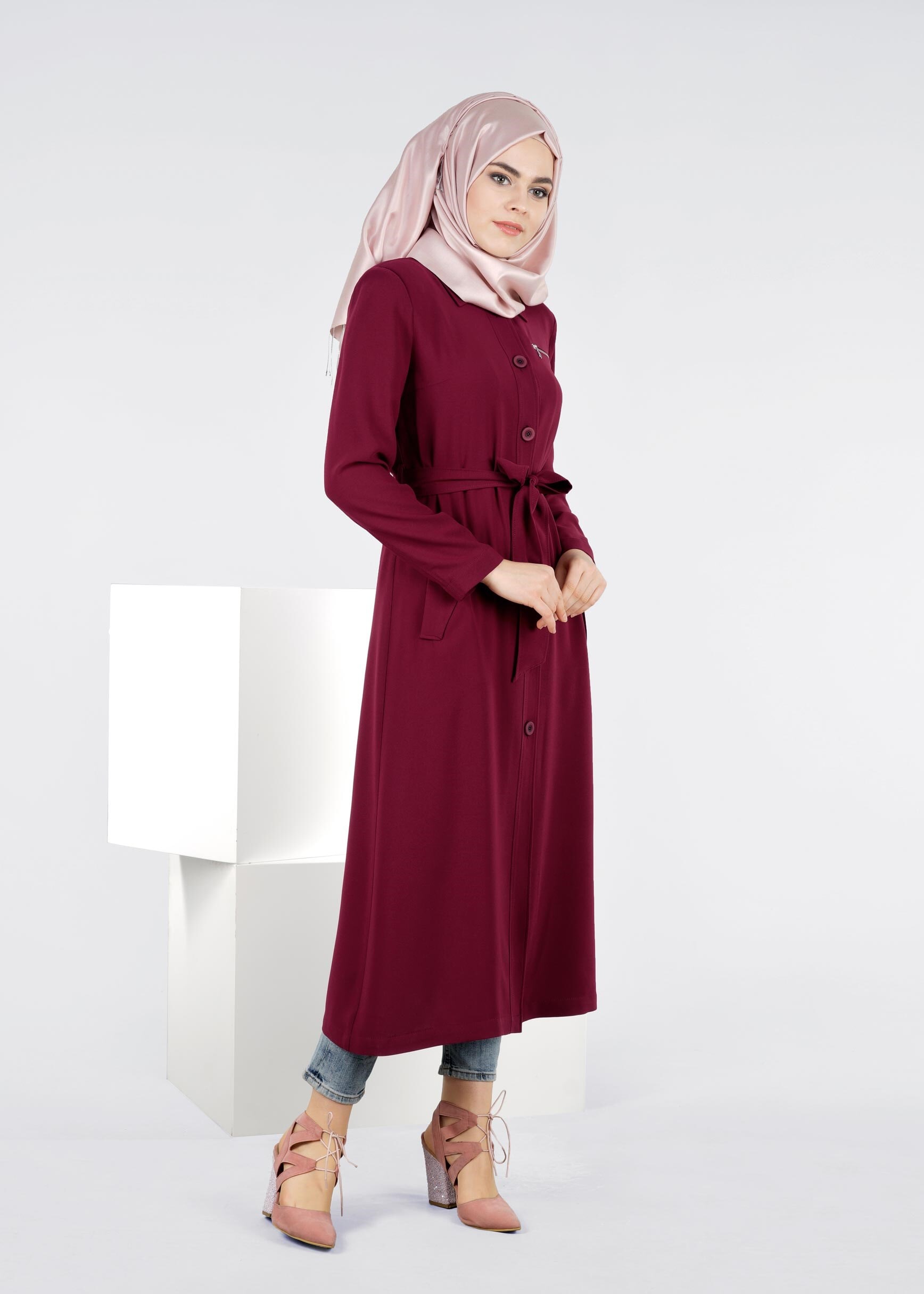 Tesettür giyim BORDO KUŞAKLI TRENÇKOT 1095 