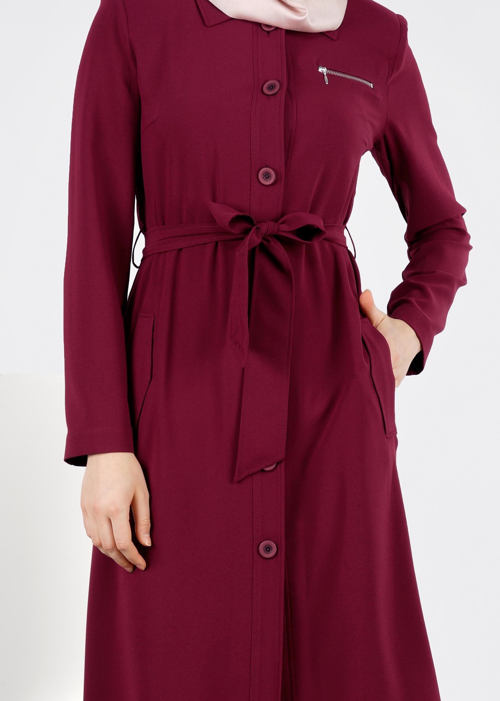 Tesettür giyim BORDO KUŞAKLI TRENÇKOT 1095 