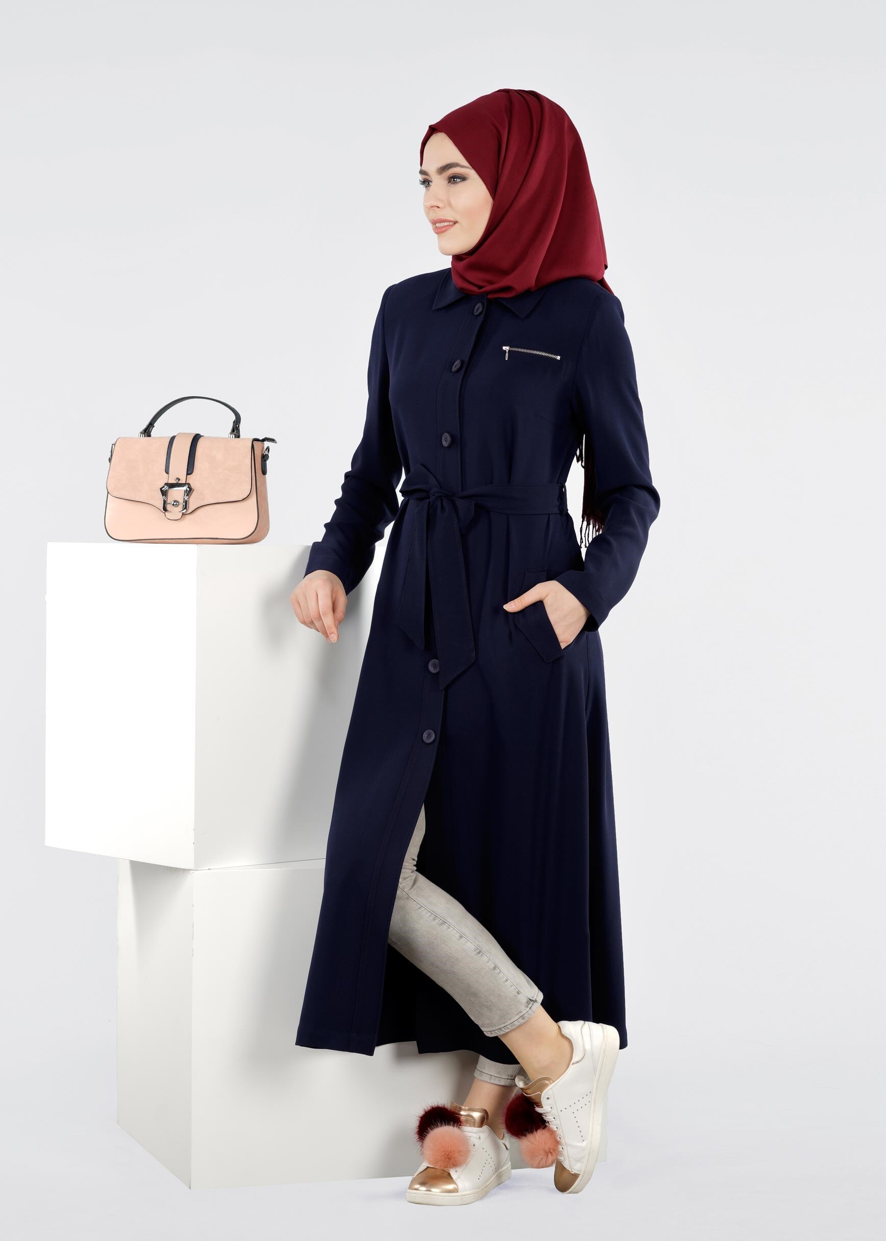 Tesettür giyim LACİVERT KUŞAKLI TRENÇKOT 1095 