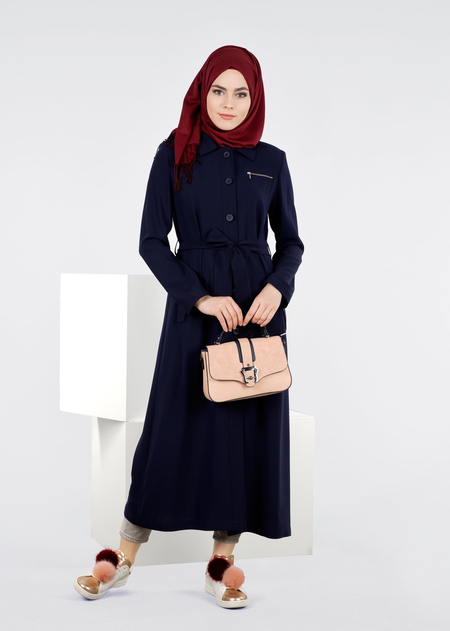 Tesettür giyim LACİVERT KUŞAKLI TRENÇKOT 1095 