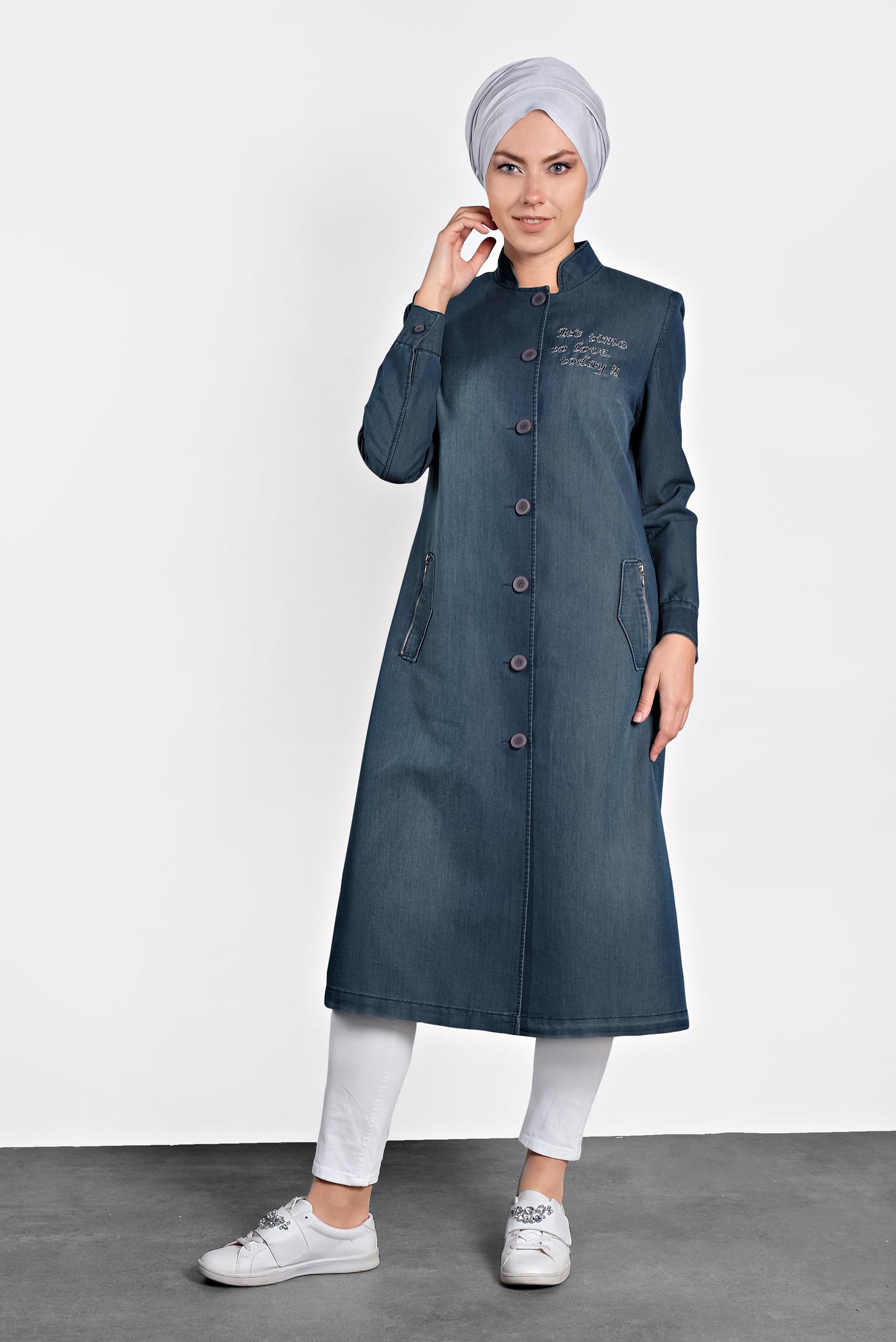 Tesettür giyim LACİVERT DÜĞMELİ DENİM TRENÇKOT 1097 